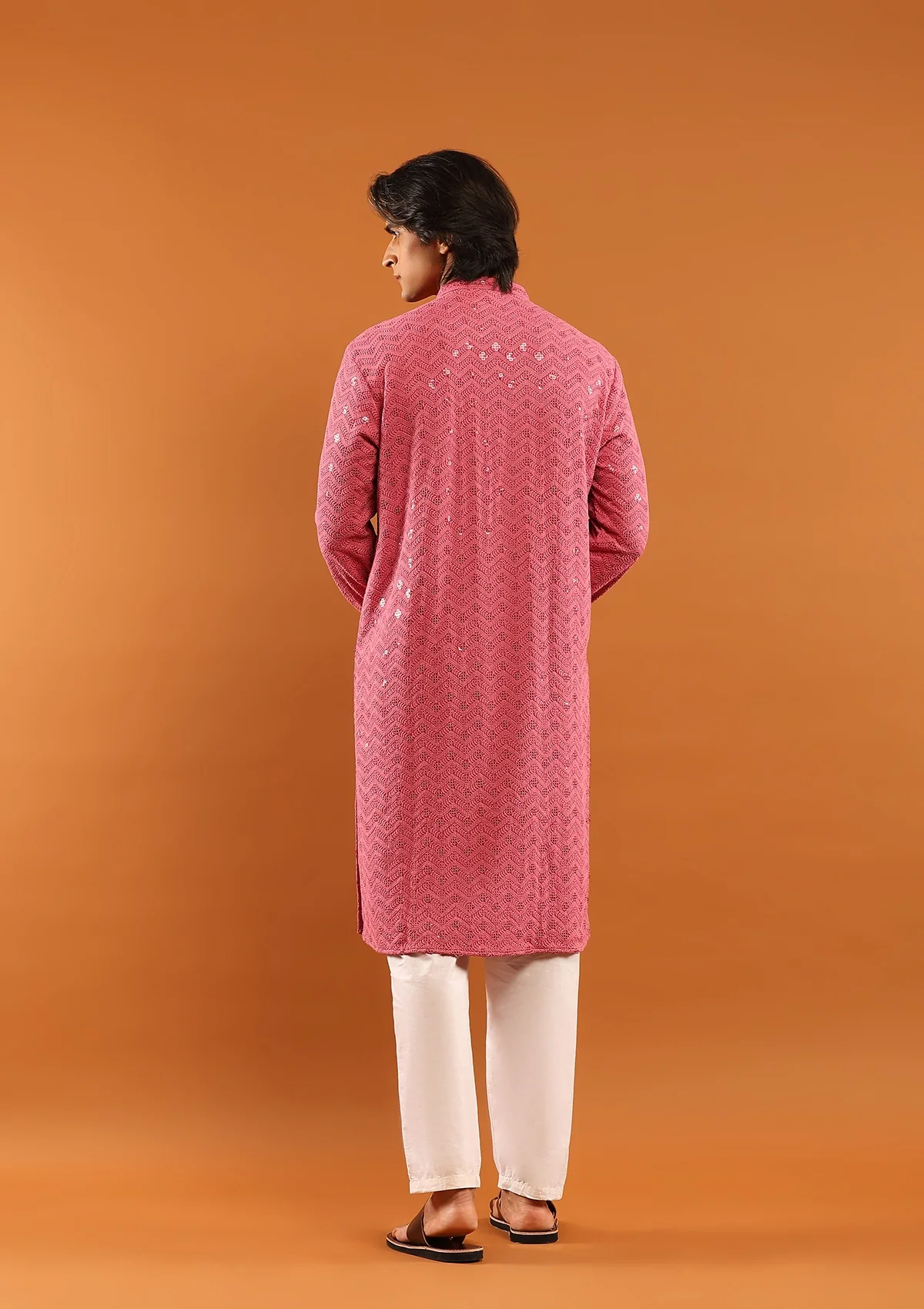 HOC Rayon Embroidered With Sequins Solid Men's Long Kurta- Pink - Healthber