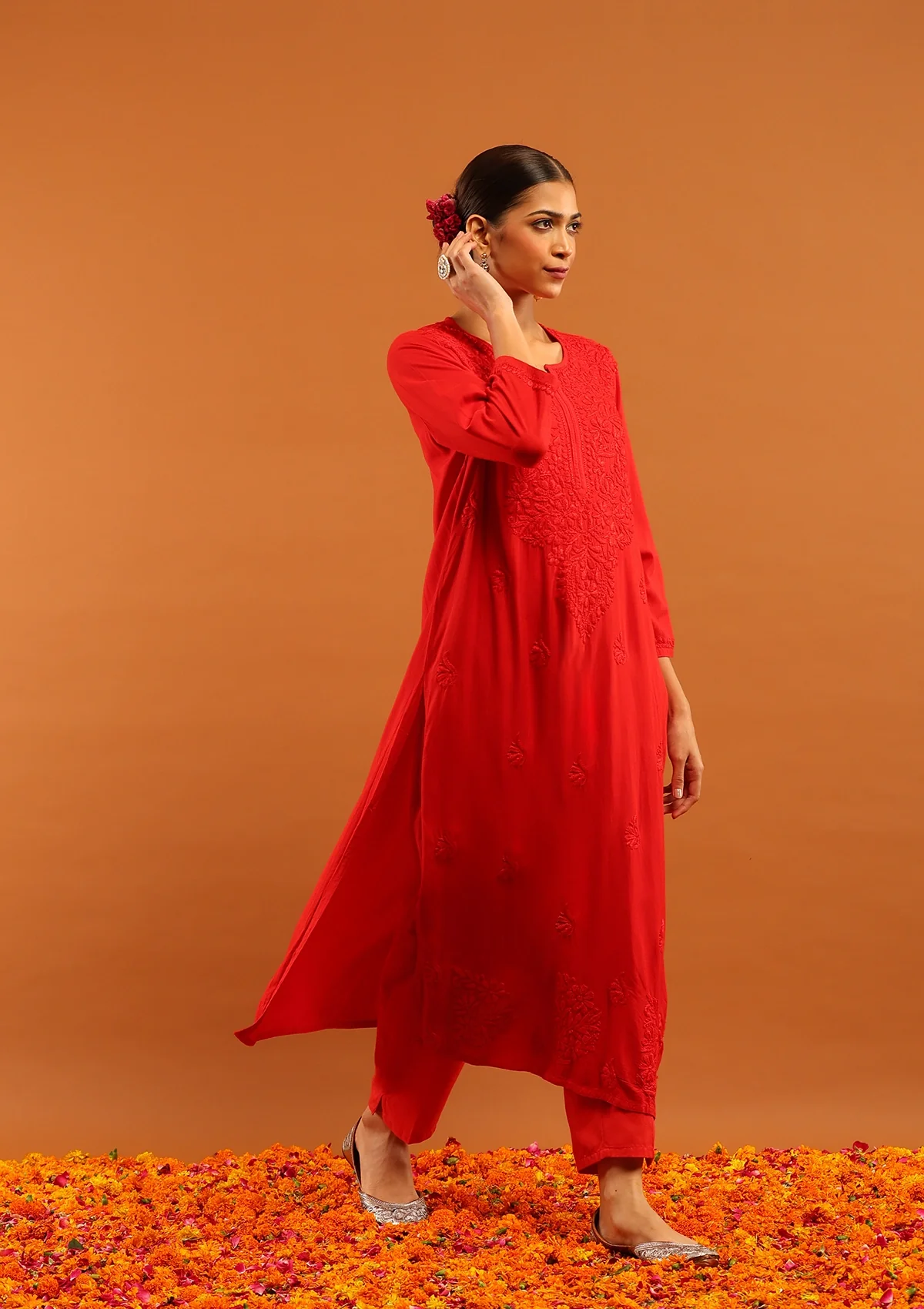 HOC Rayon Chikankari Solid Women's Long Kurta-Red - Healthber