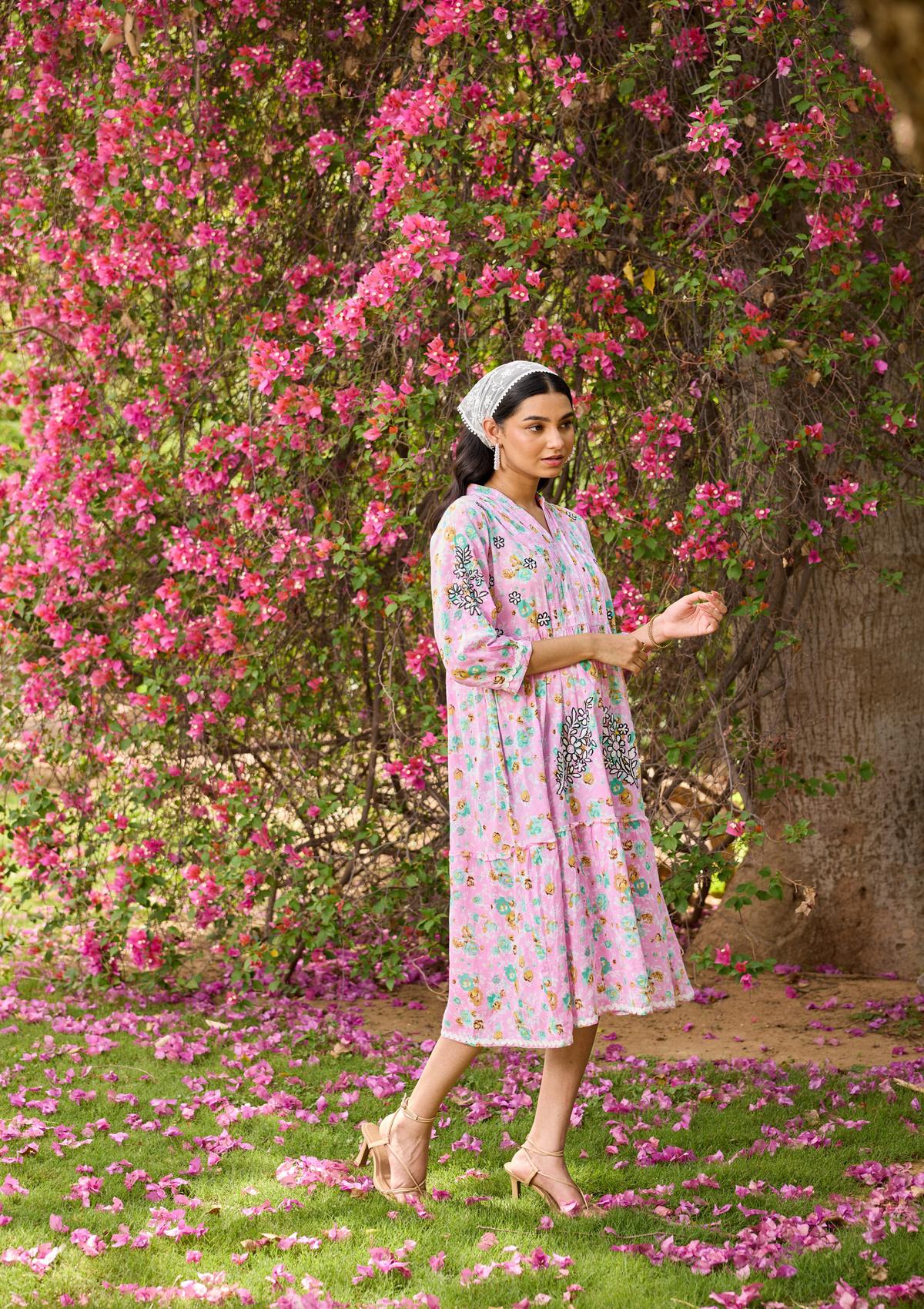 HOC Mulmul Chikankari Printed Women's Long Dress - Pink - Healthber