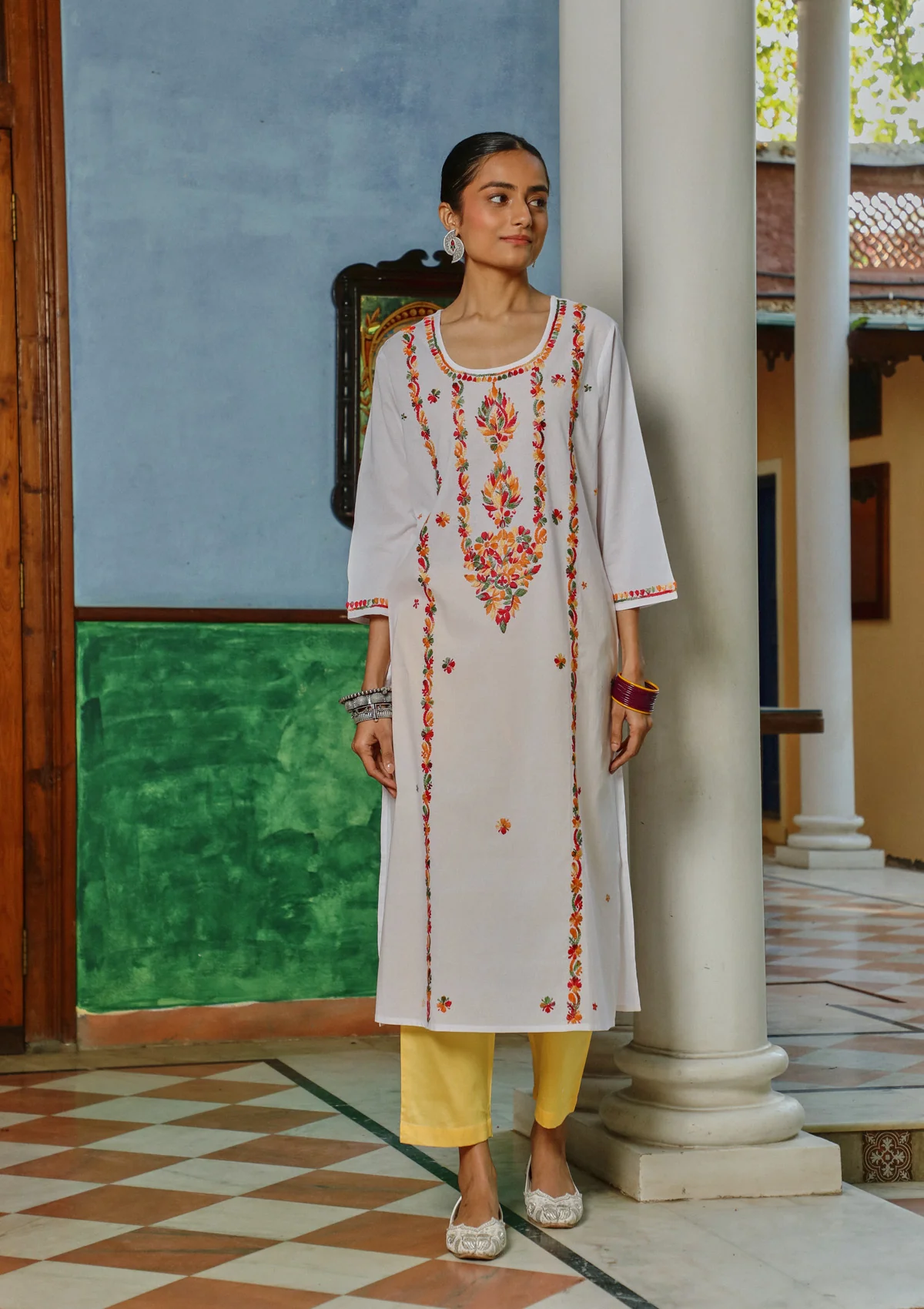HOC Cotton Chikankari Solid Women's Long Kurta - White - Healthber