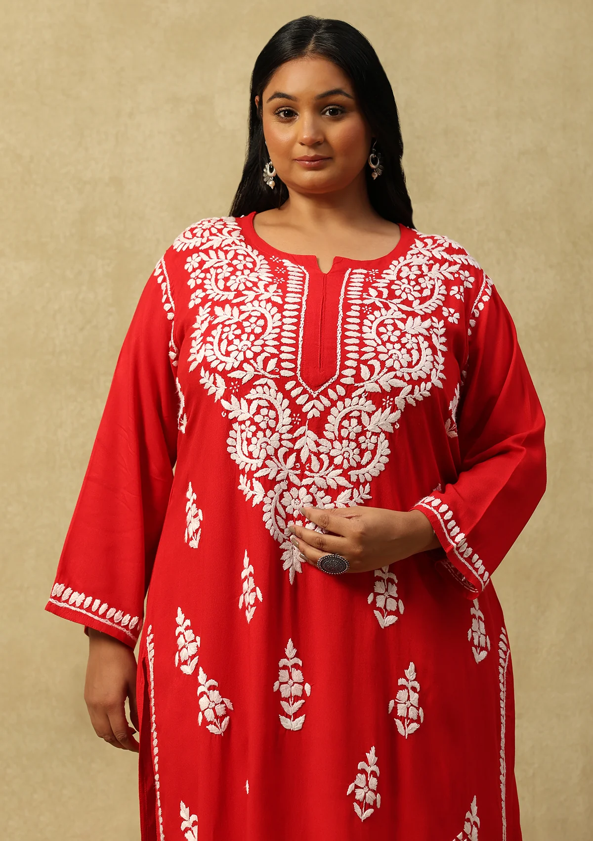 HOC Rayon Chikankari Solid Women's 2 PC Long Kurta Set-Red - Healthber