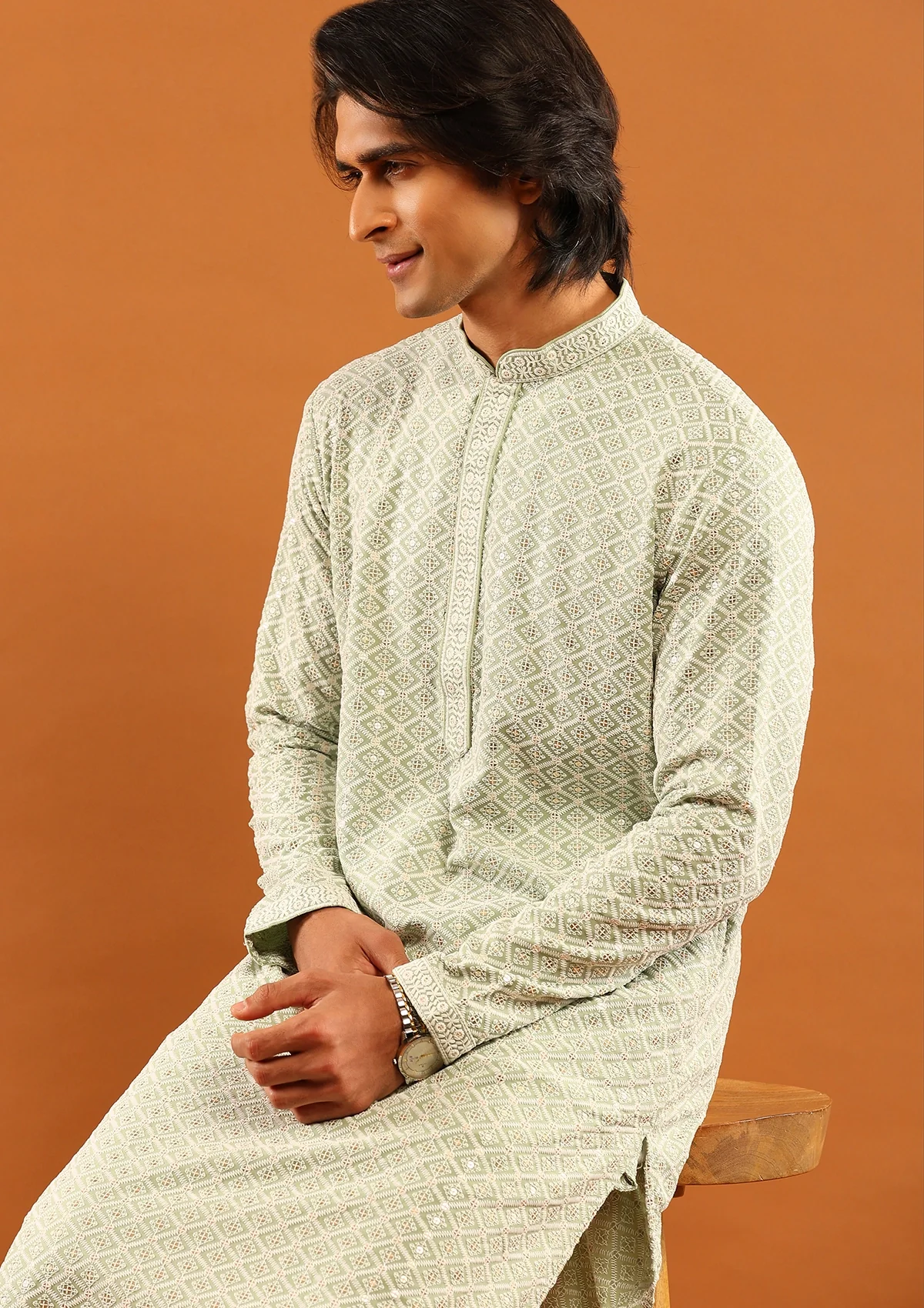 HOC Rayon Embroidered With Sequins Solid Men's Long Kurta- Pista Green - Healthber