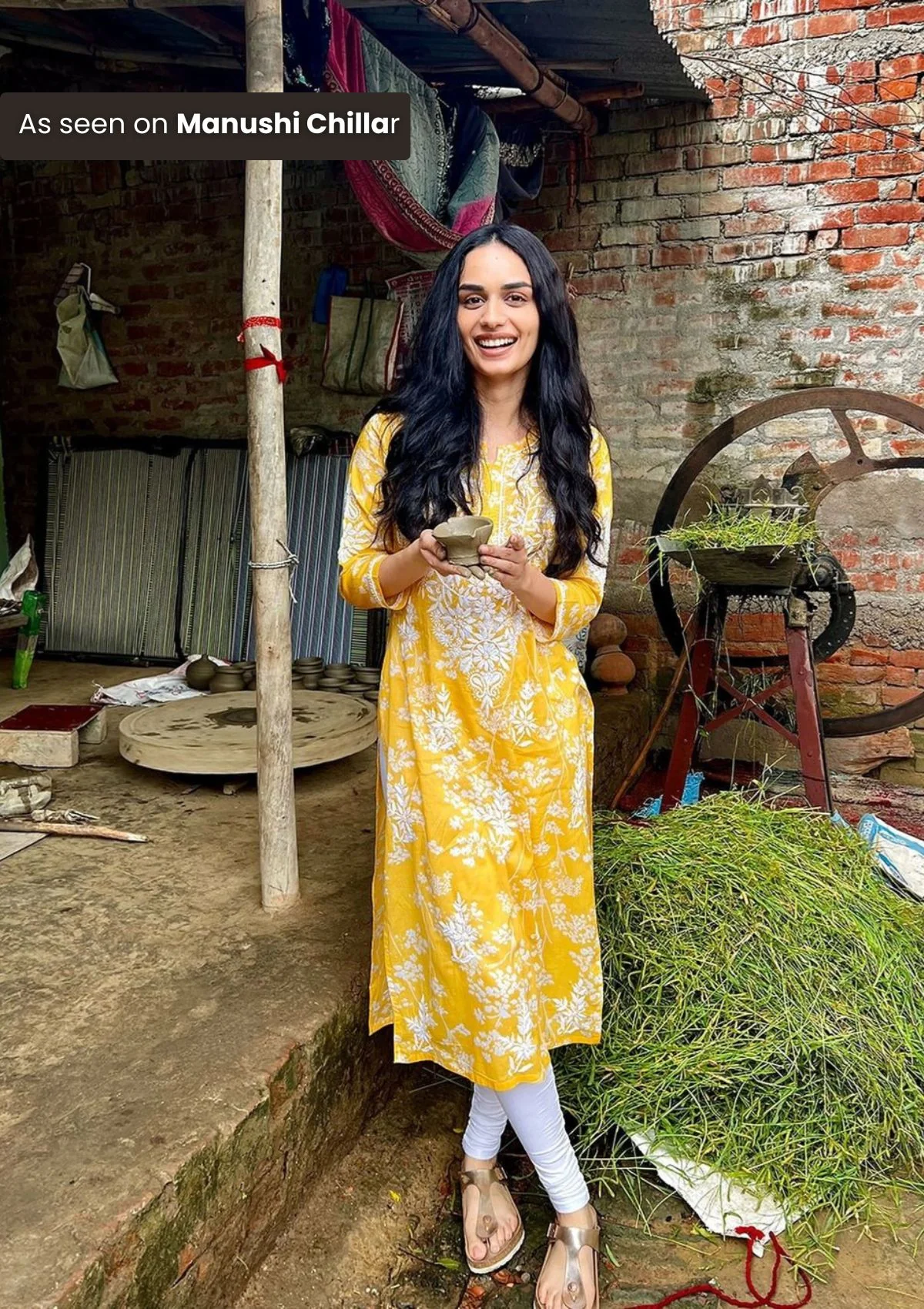 HOC Zainab Chikankari Mulmul Printed Straight Kurta -Yellow - Healthber