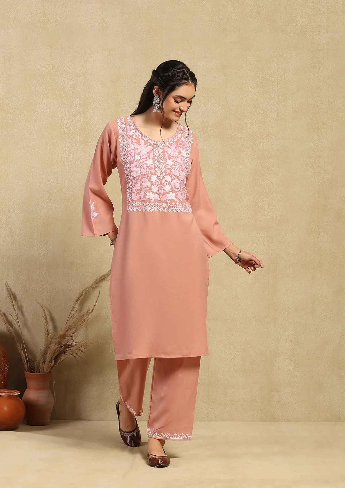 HOC Cotton Aari Embroidered Solid Women's 2 PC Long  Kurta Set - Pink - Healthber