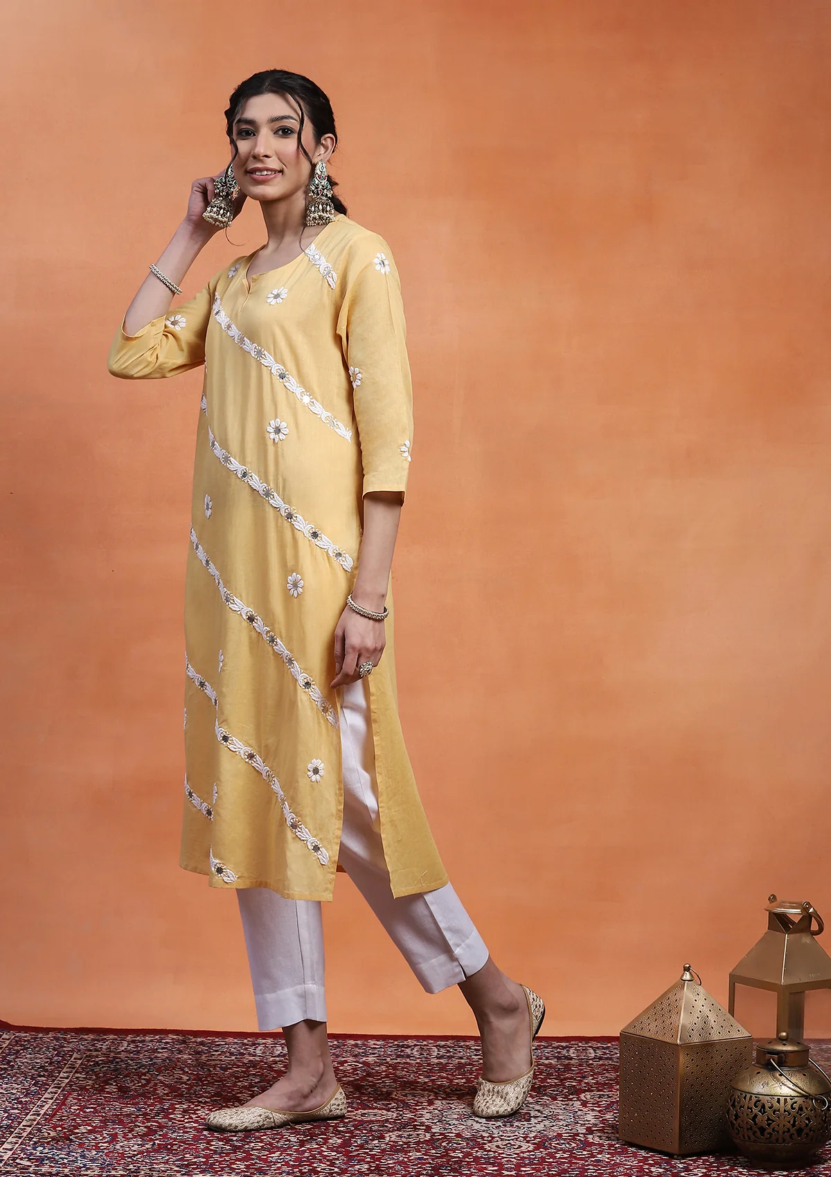 HOC Cotton Chikankari Gota Work Women's Long Kurta - Yellow - Healthber