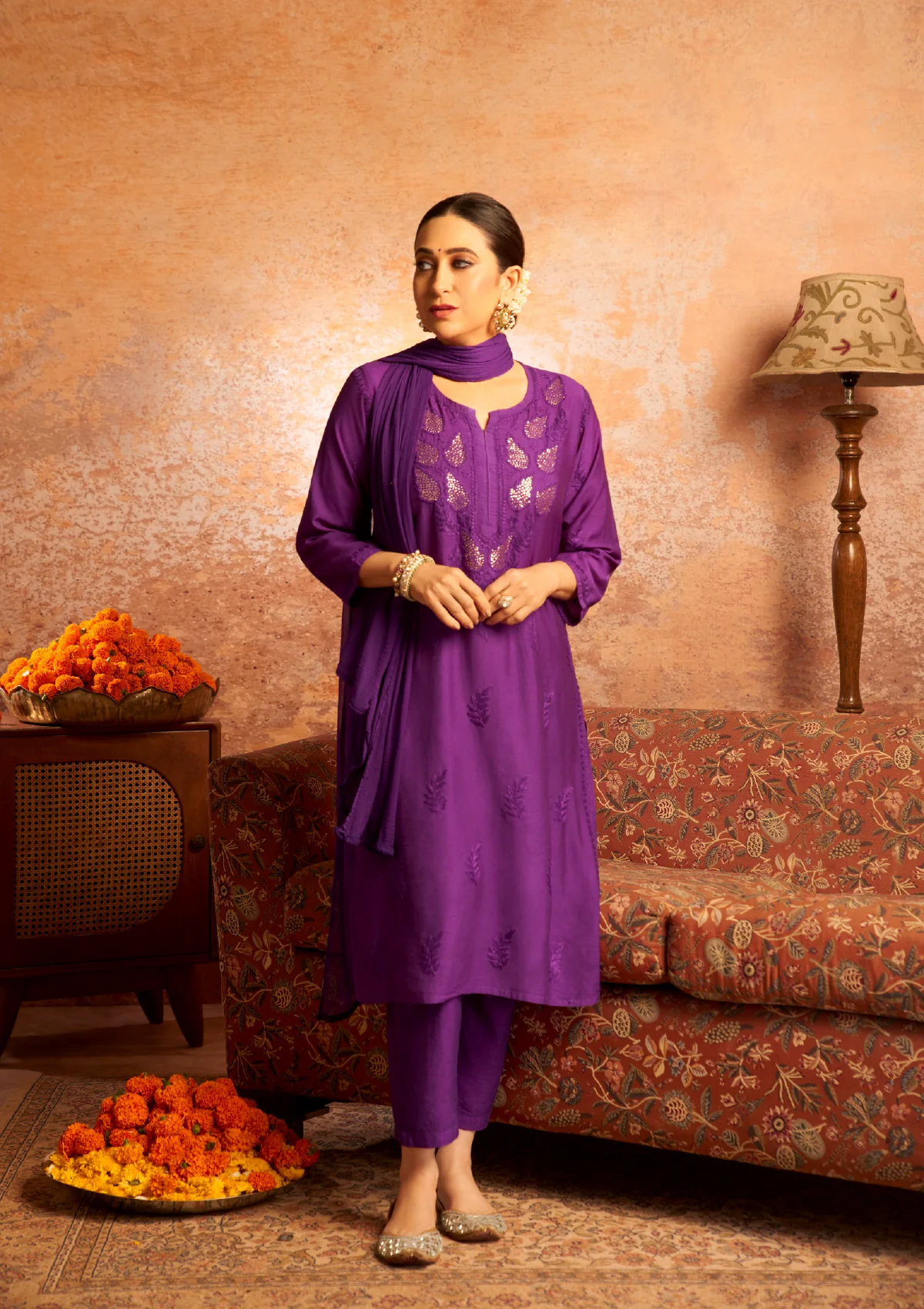 Karisma Chanderi Chikankari with Mukaish Solid Women's 2 PC Long Kurta Set- Purple - Healthber