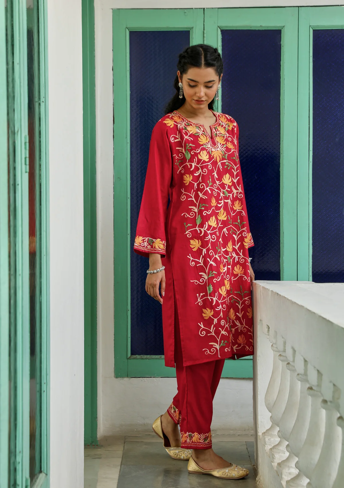 HOC Cotton Aari Embroidered Solid Women's 3 PC Long Kurta Set with Dupatta - Red - Healthber