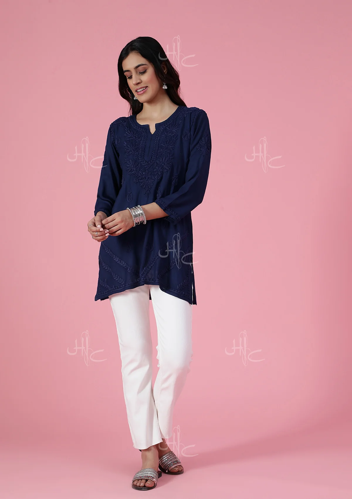 HOC Rayon Chikankari Solid Women's Short Kurta - Navy Blue - Healthber