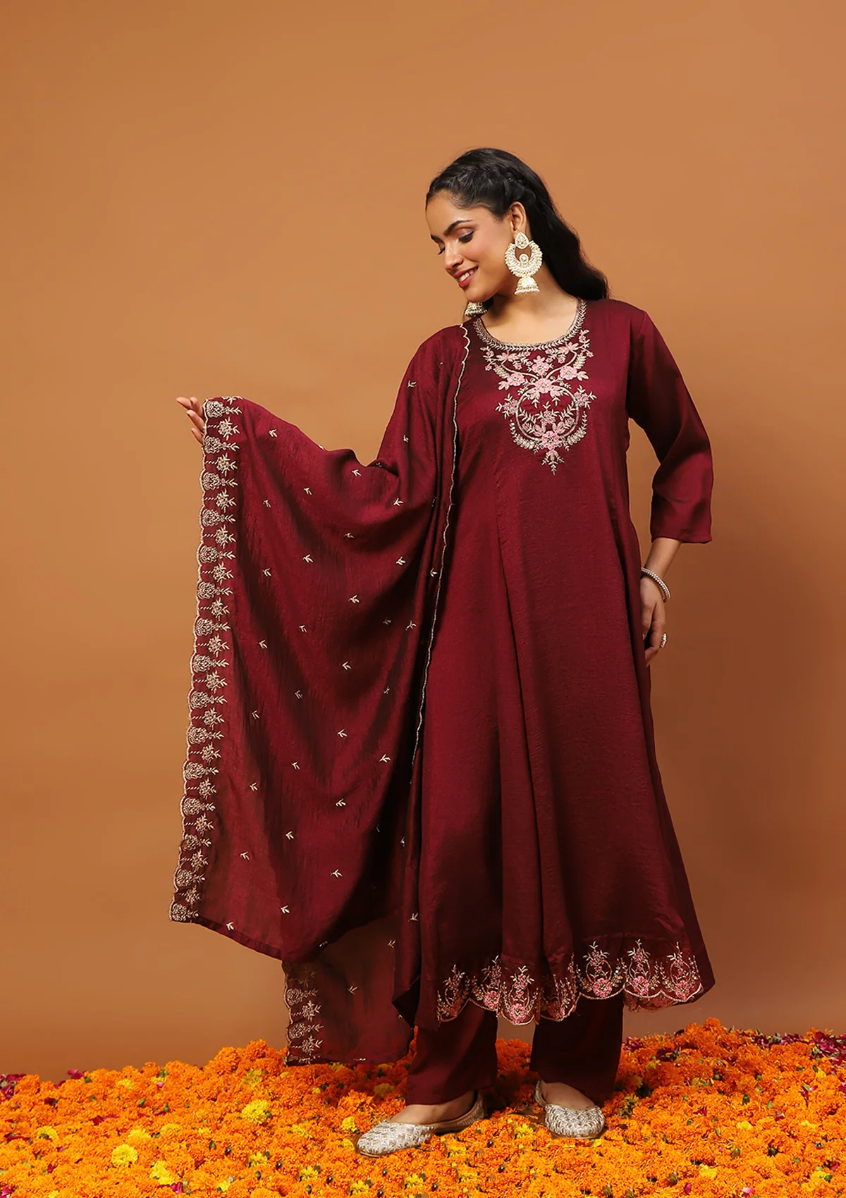HOC Silk Blend Zari Embroidered With Sequins Solid Women's 3 PC Anarkali Kurta Set-Maroon - Healthber