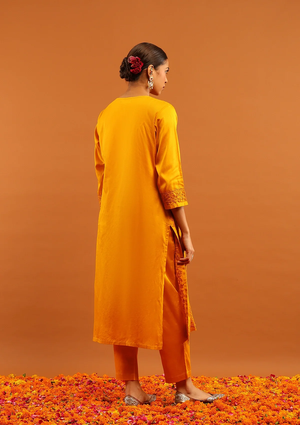 HOC Jaam Silk Chikankari Solid Women's 2 PC Long Kurta Set - Mustard - Healthber