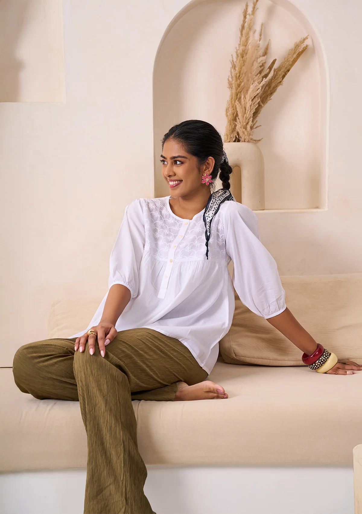 HOC Cotton Chikankari Solid Women's Top - White - Healthber