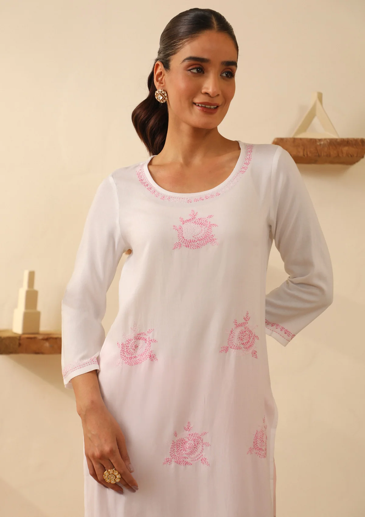 HOC Rayon Chikankari Solid Women's Long Kurta - White - Healthber