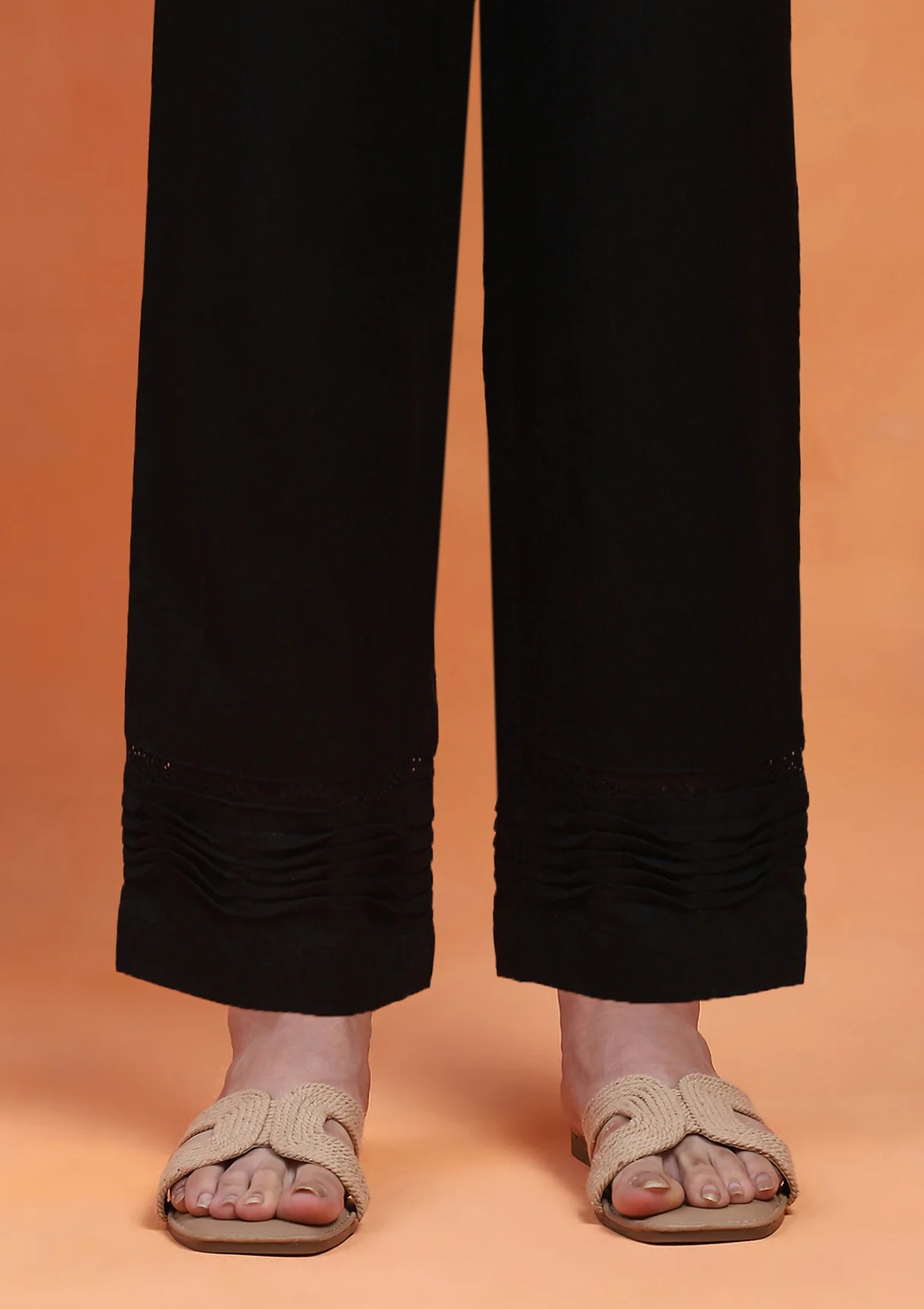 HOC Cotton Solid Women's Pintuck Pants with Lace - Black - Healthber