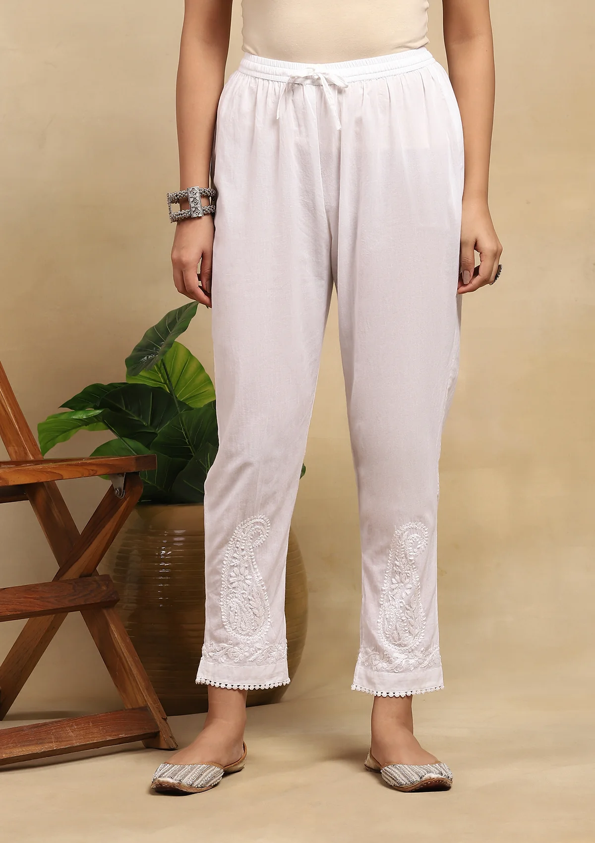HOC Cotton Chikankari Solid Women's Pants With Lace - White - Healthber