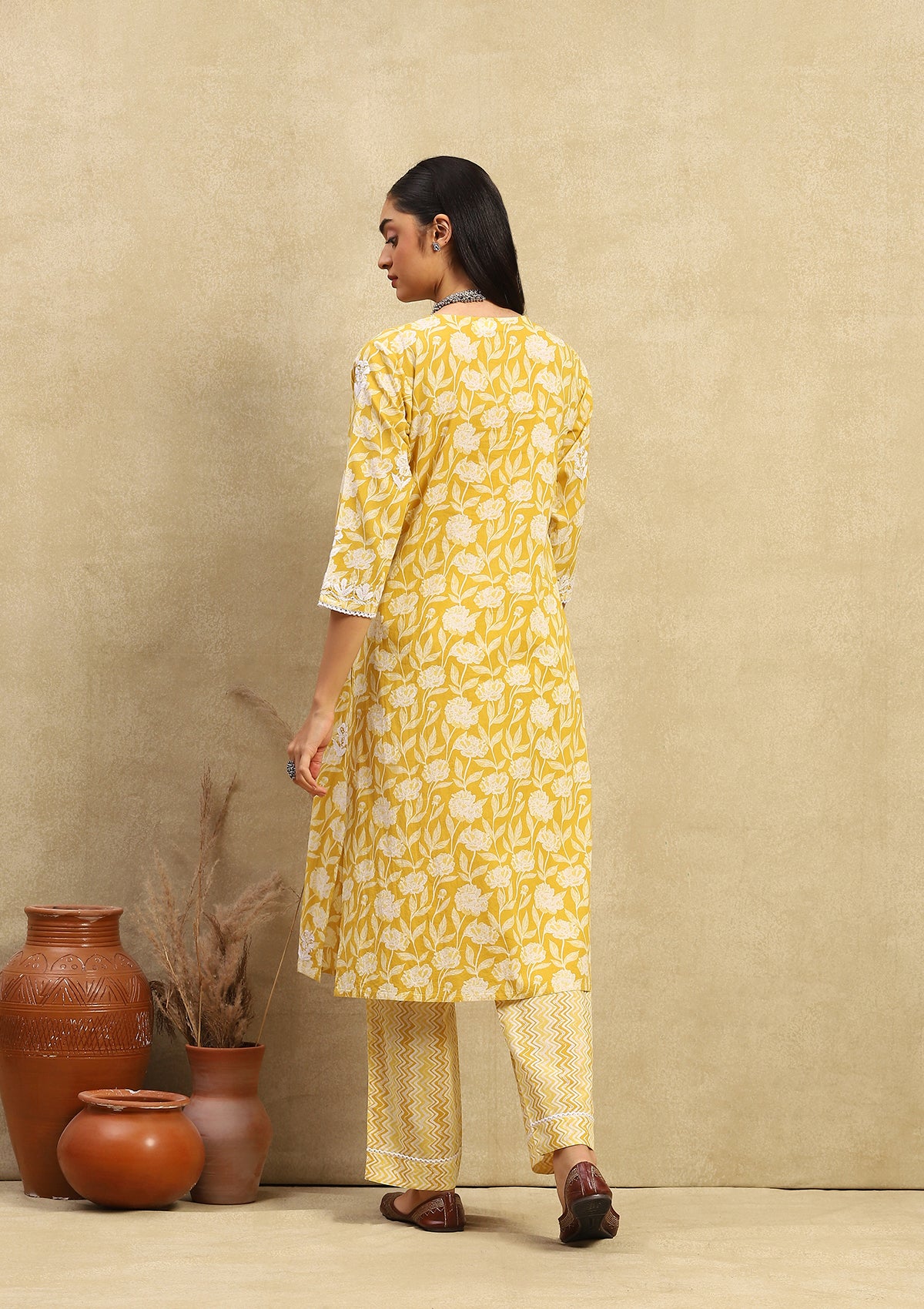HOC Cotton Chikankari Printed Women's 2PC Long Kurta Set - Mustard Yellow - Healthber