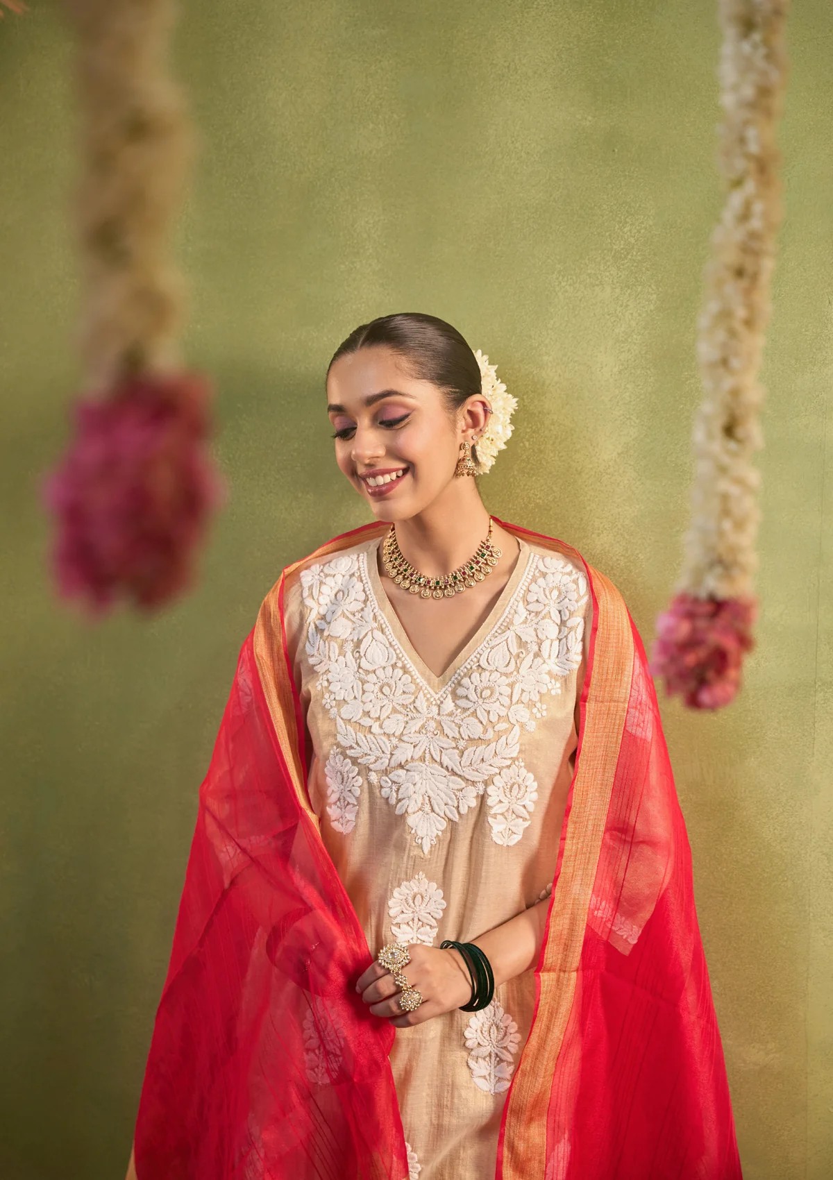 HOC Tissue Silk Chikankari Solid Women's 4 PC Long Kurta Set - Golden - Healthber