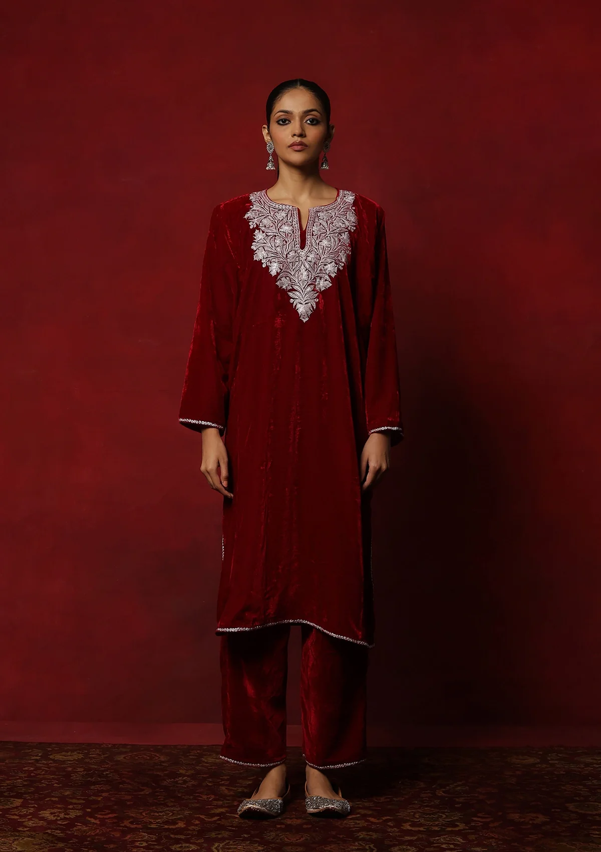HOC Kashmiri Velvet Tilla Embroidered Solid Women's 2 PC Phiran Set -Maroon - Healthber