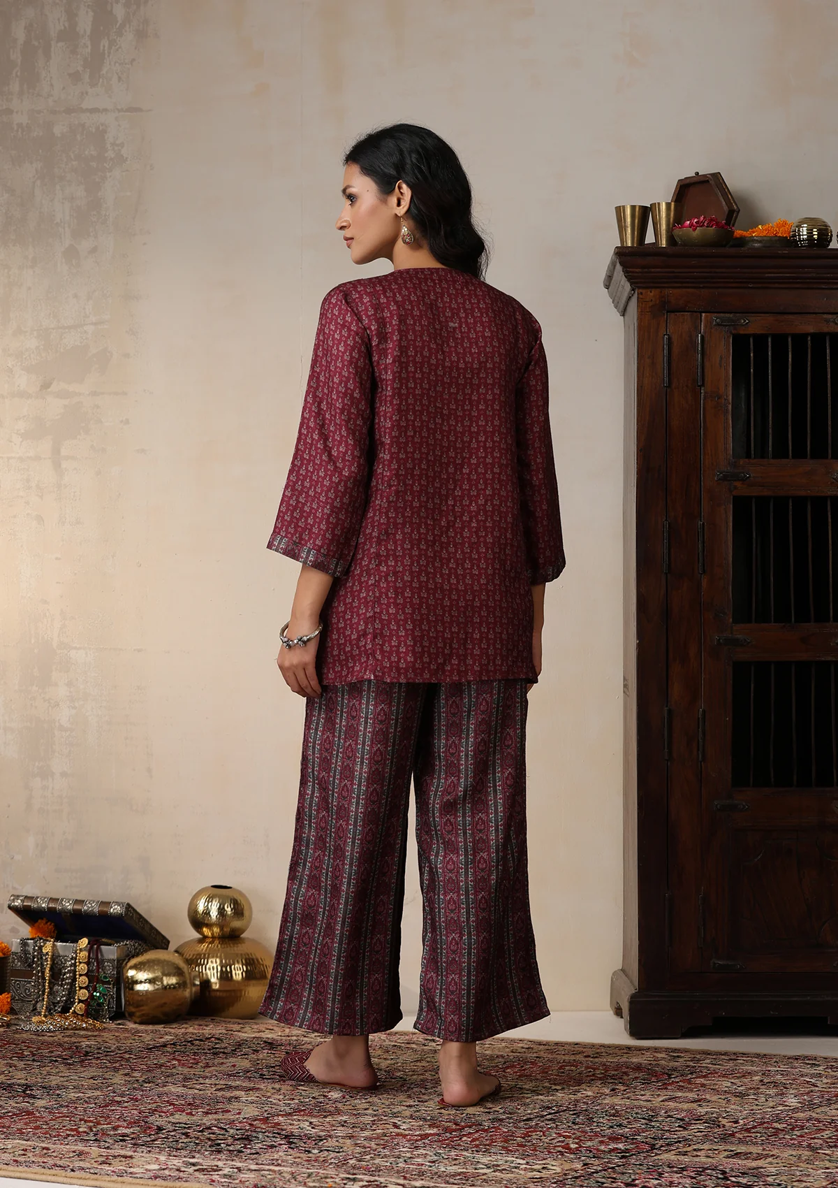 HOC Pashmina Printed Women's 2 PC Co-ord Set - Maroon - Healthber