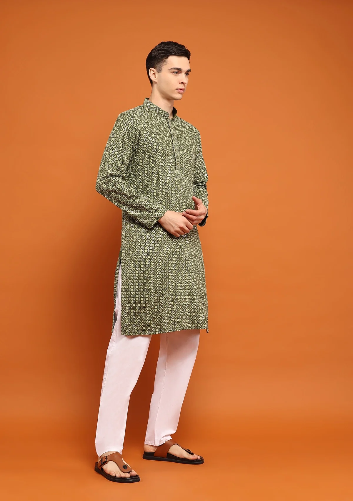 HOC Rayon Embroidered With Sequins Solid Men's Long Kurta- Green - Healthber