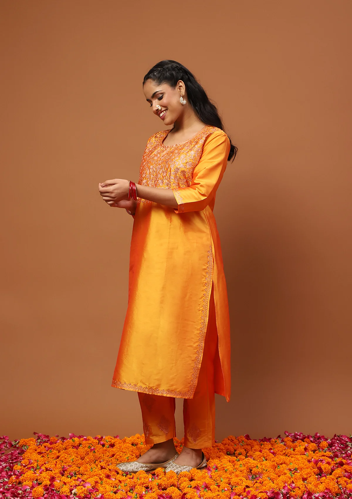 HOC Art Silk Embroidered Zari Work Solid Women's 2 PC Long Kurta Set - Mustard Yellow - Healthber