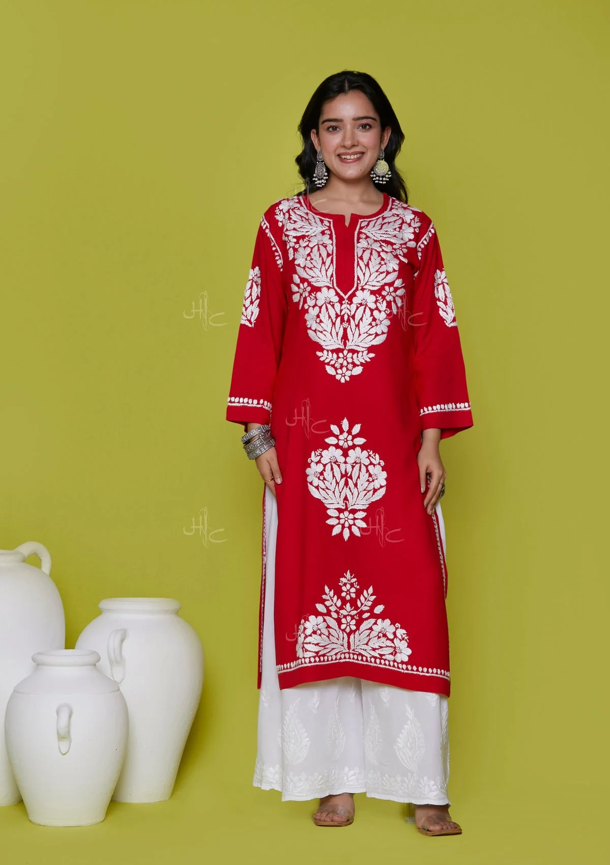 Rayon Chikankari Solid Women's Long Kurta - Red - Healthber