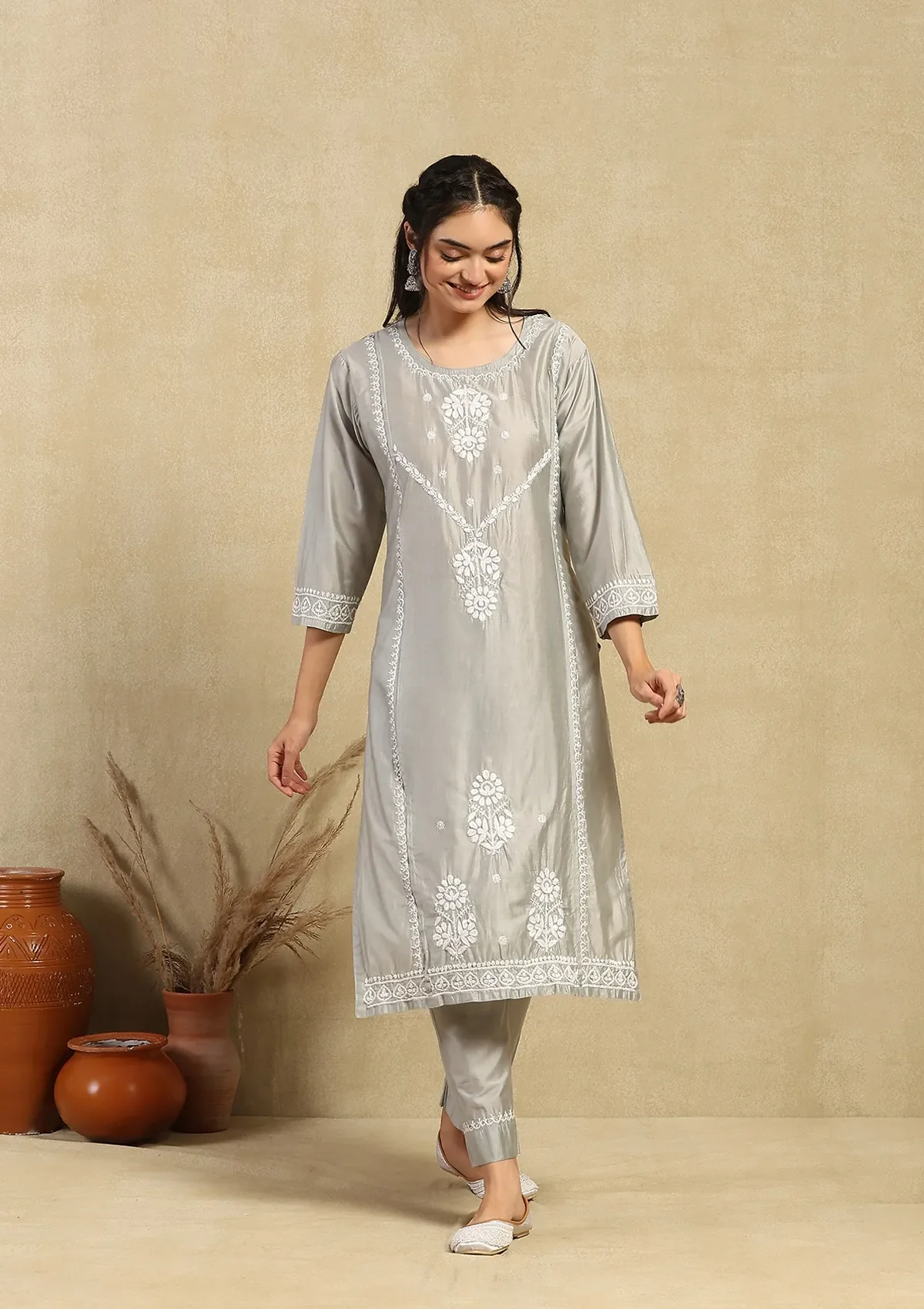 HOC Chanderi Chikankari Solid Women's 2PC Long Kurta Set -Grey - Healthber
