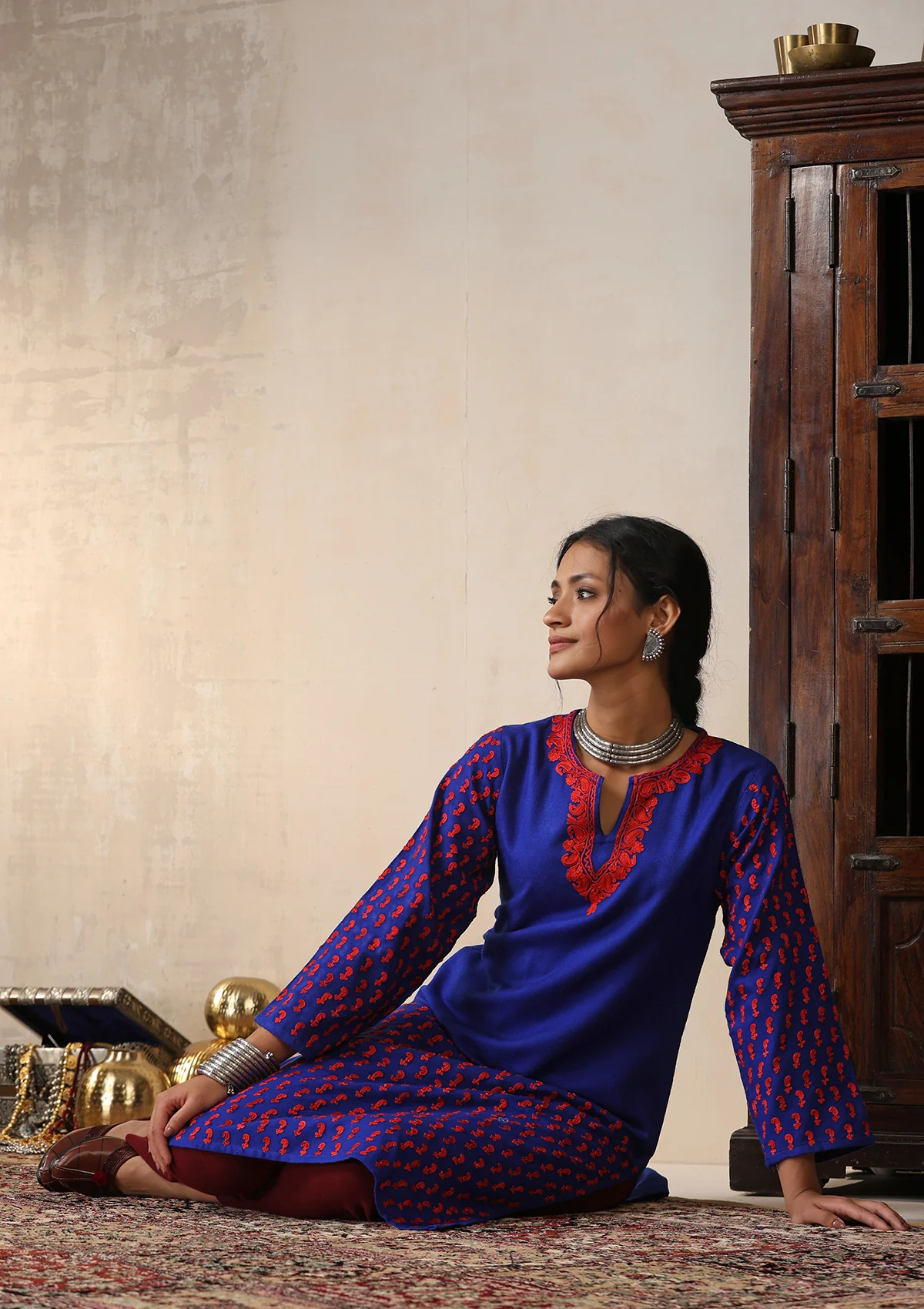 HOC Aari Embroidered Woollen Solid Women's Long Kurta - Royal Blue - Healthber