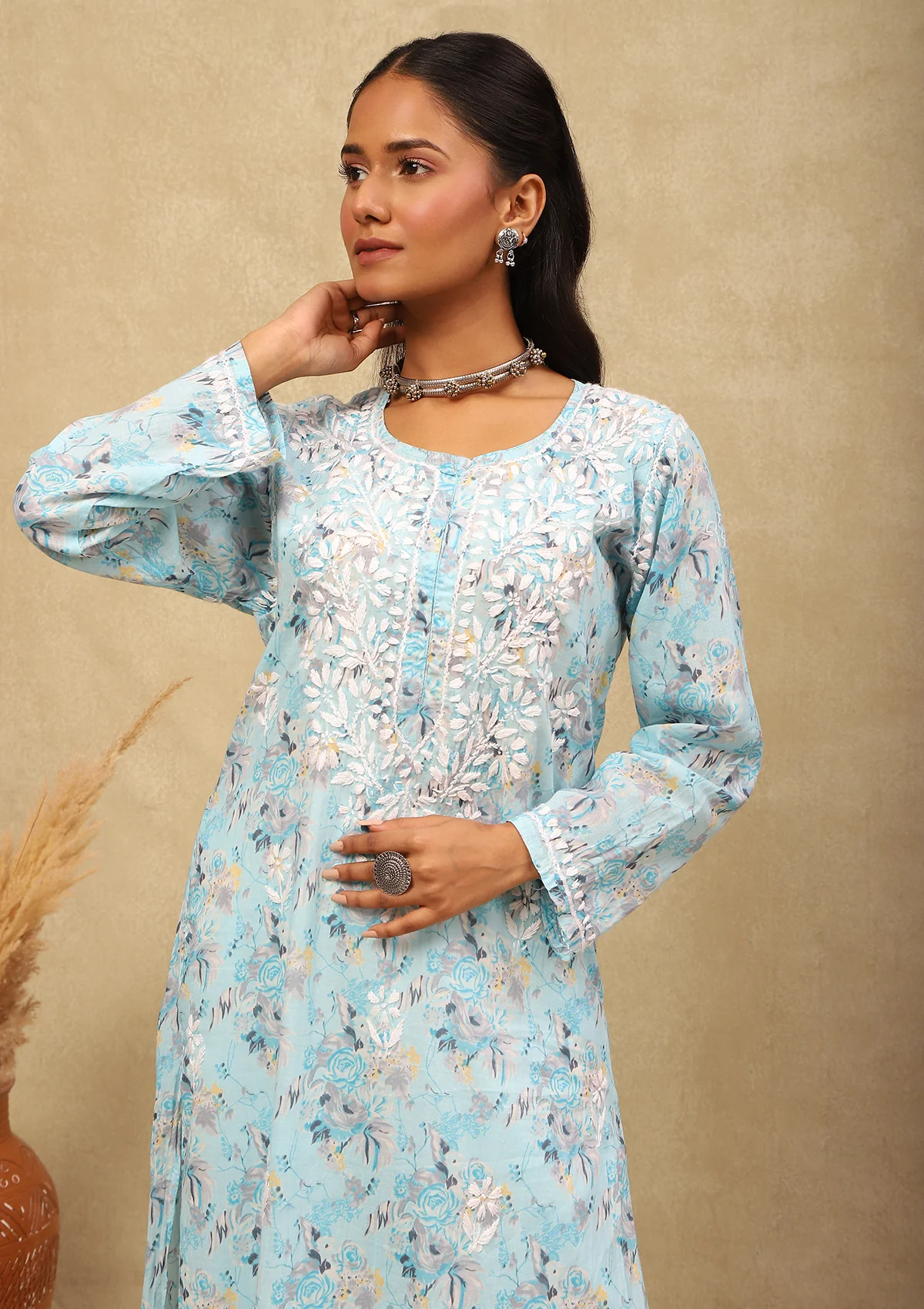 HOC Mulmul Chikankari Printed Women's Long Kurta -Light Blue - Healthber