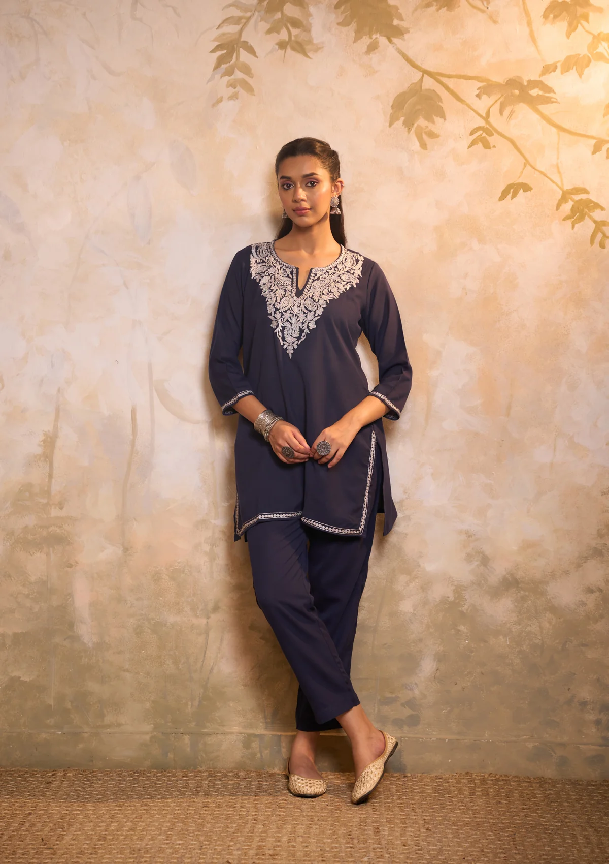 HOC Cotton Embroidered Zari Work Solid Women's 2 PC Co-ords-Set - Navy Blue - Healthber