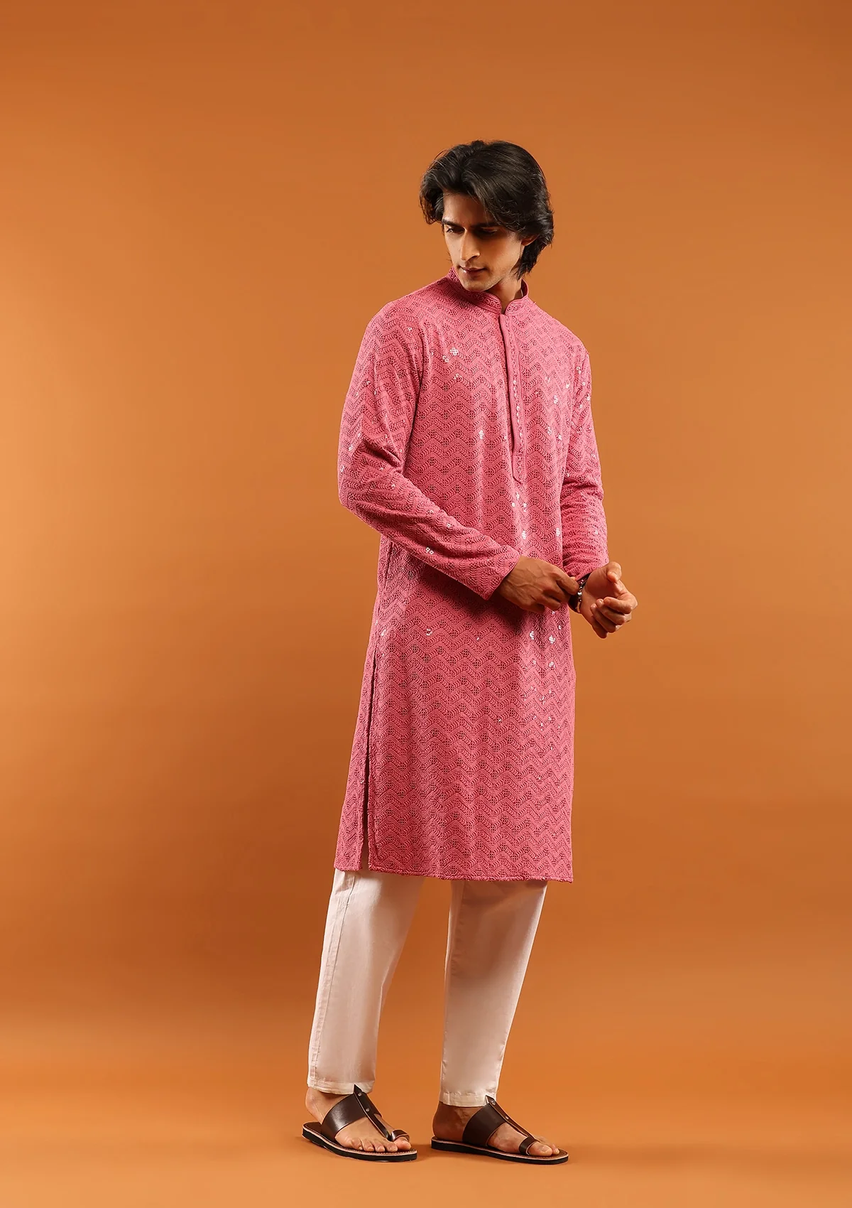 HOC Rayon Embroidered With Sequins Solid Men's Long Kurta- Pink - Healthber