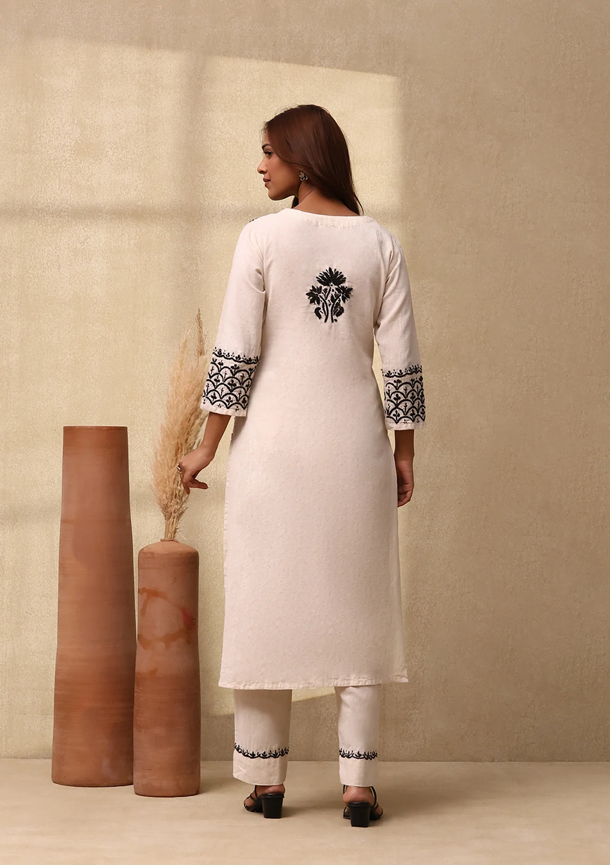 HOC Cotton Linen Blend Chikankari Solid Women's 2PC Long Kurta Set - Off White - Healthber