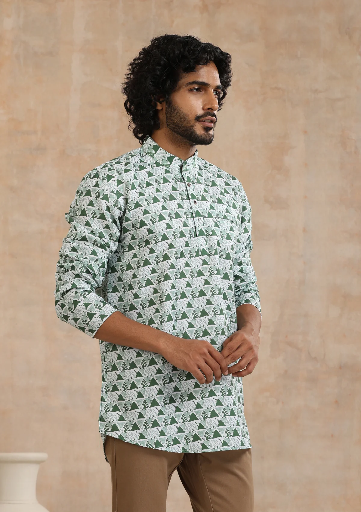 HOC Poly Cotton Printed Men's Short Kurta - Green - Healthber