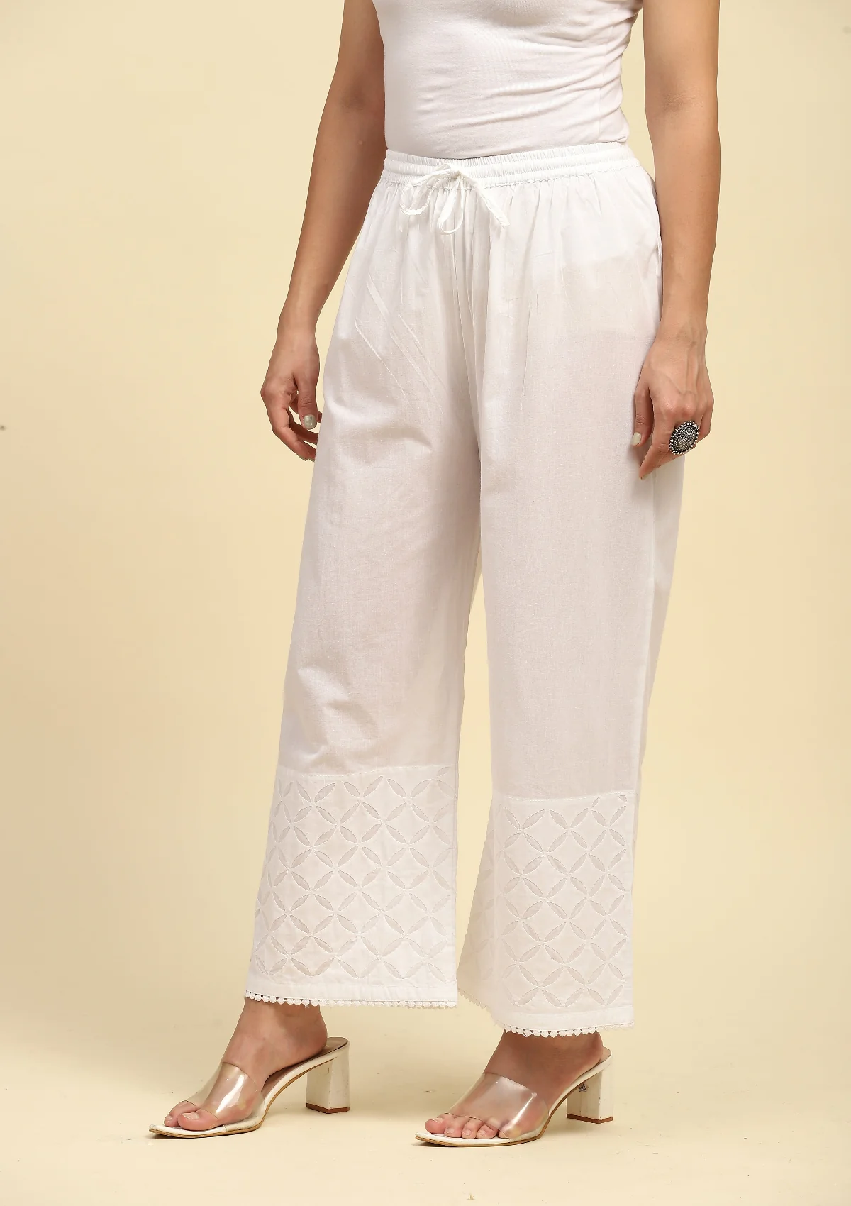 HOC Cotton Chikankari Solid Women's Palazzo - White - Healthber