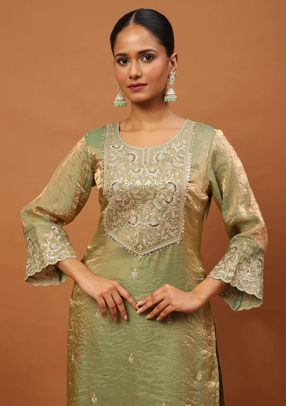 HOC Satin Tissue Silk Zardozi with Sequins Solid Women  s 3 PC Straight Kurta Set - Pista Green - Healthber