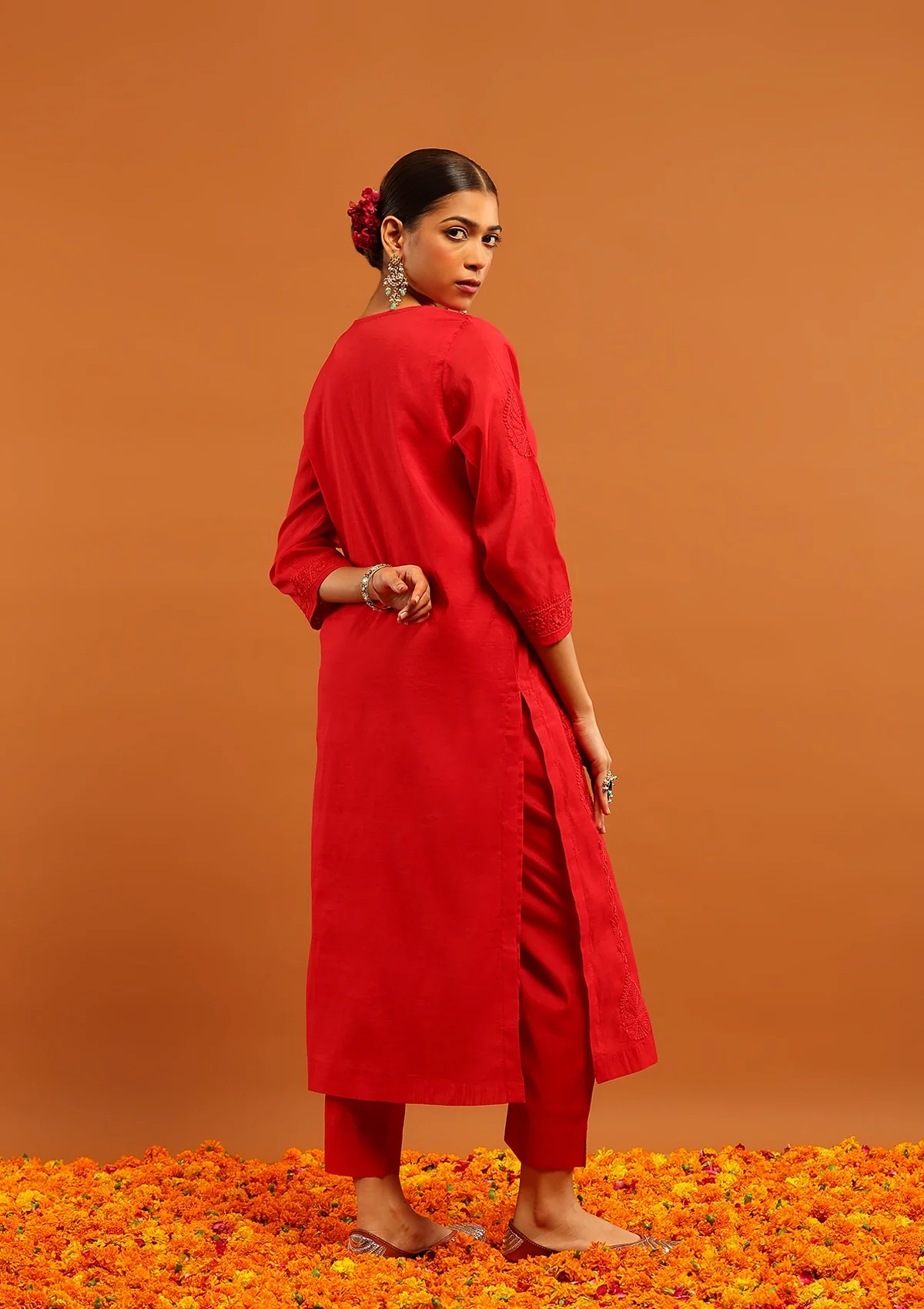 Karisma Chanderi Chikankari Solid Women's 4 PC Long Kurta Set with dupatta - Red - Healthber