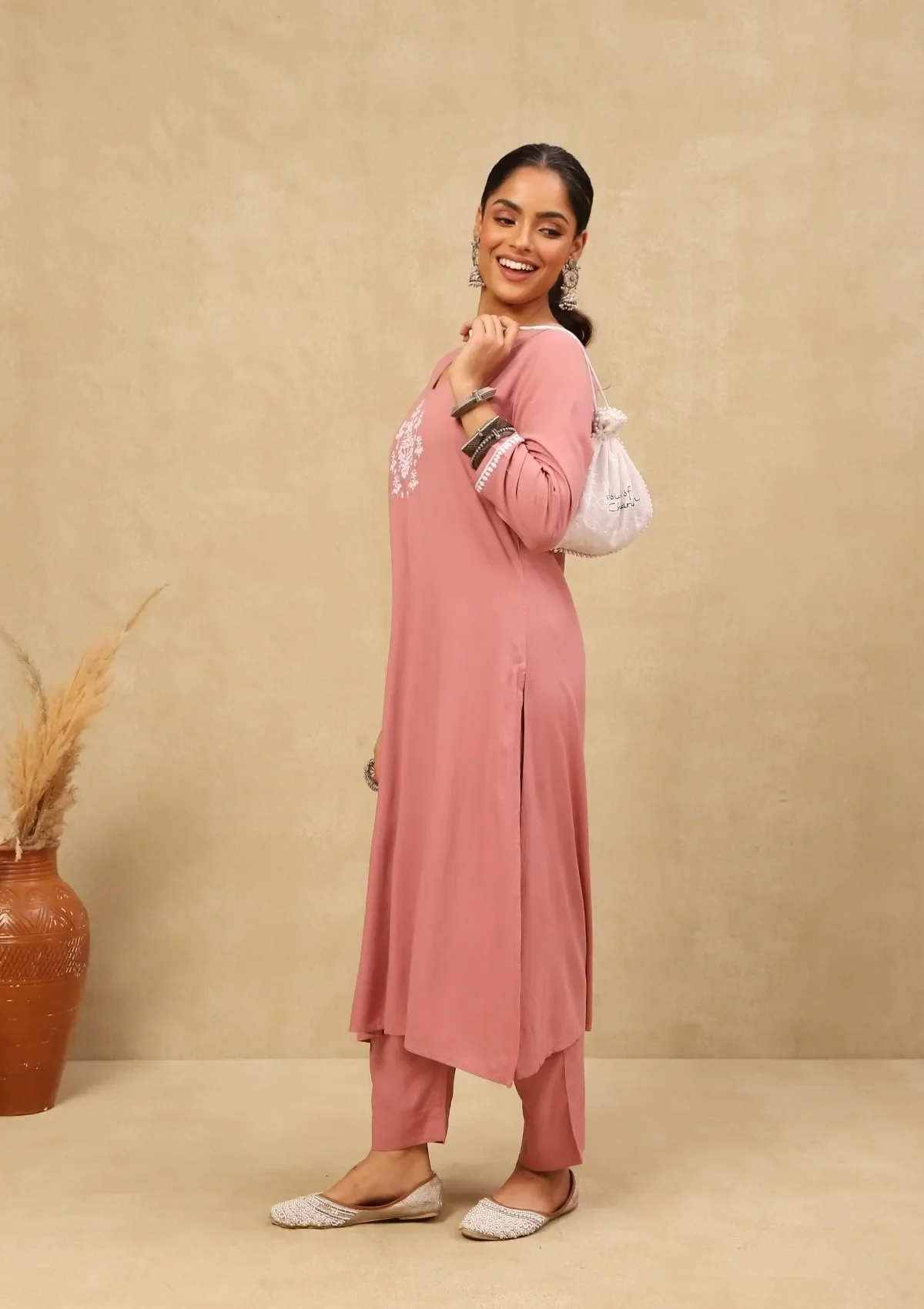 HOC Rayon Chikankari With Mukaish Solid Women's 2 PC Long Kurta Set - Dark Pink - Healthber