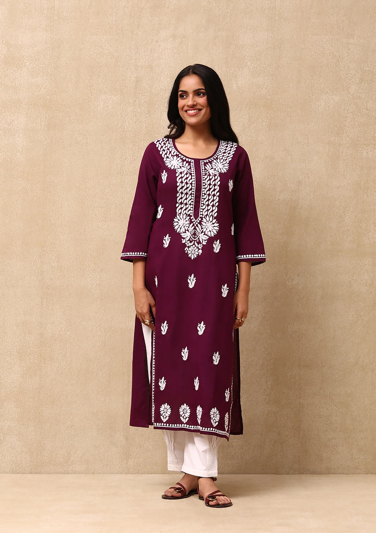 HOC Cotton Chikankari Solid Women's Long Kurta  - Dark Purple - Healthber