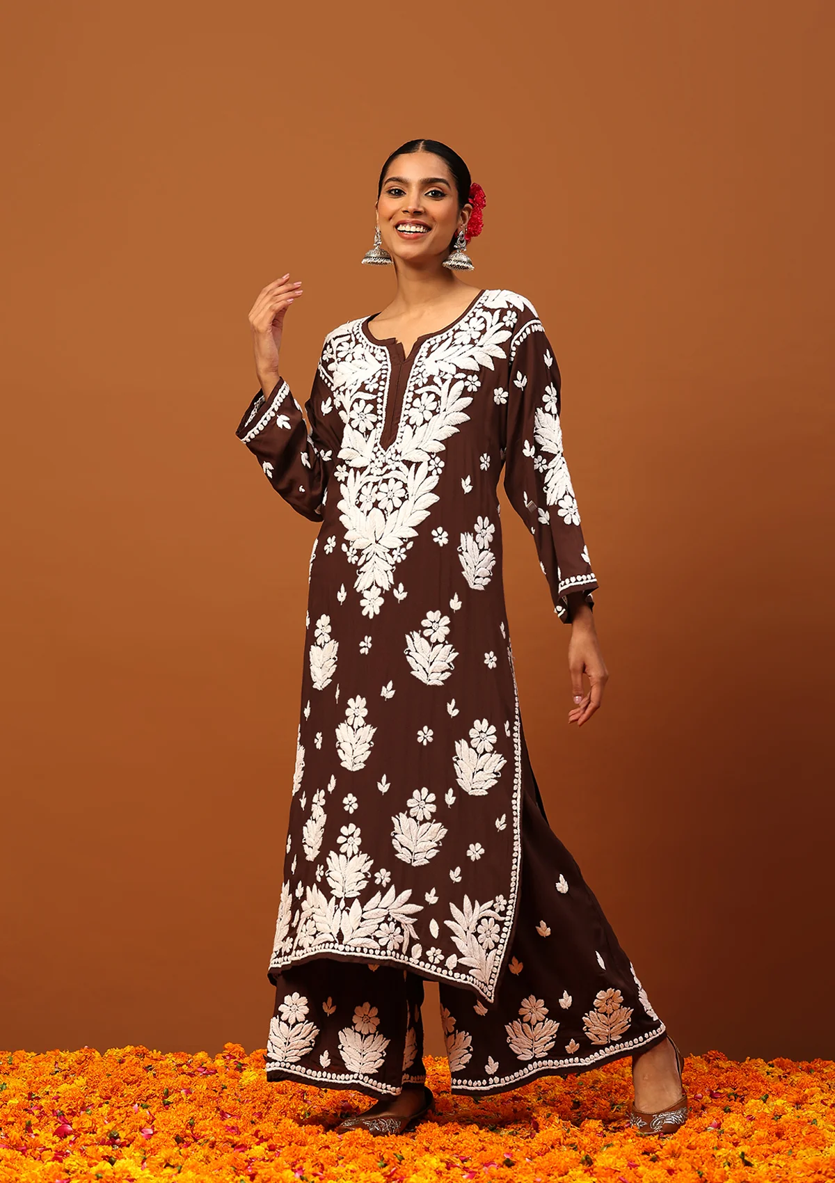 HOC Modal Chikankari Solid Women's 2 PC Long Kurta Set -Brown - Healthber