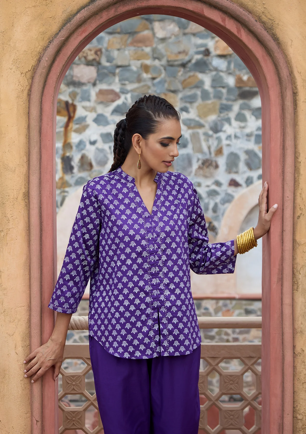 HOC Glazed Cotton Hand Block Printed with Hand Embroidery Women's Short Kurta - Dark Purple - Healthber