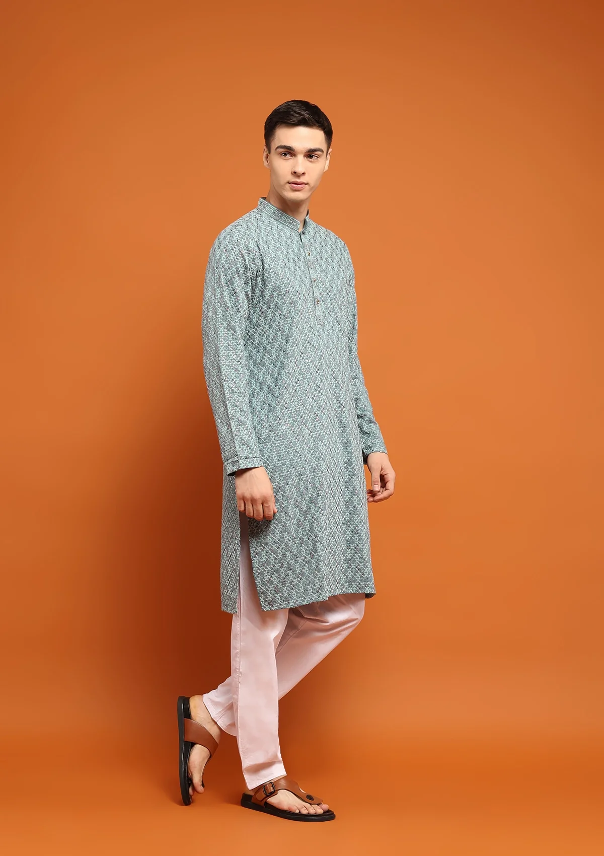 HOC Rayon Embroidered With Sequins Solid Men's Long Kurta- Seafoam Green - Healthber