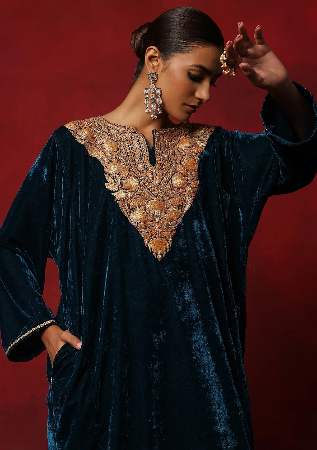 HOC Kashmiri Velvet Tilla Embroidered Solid Women's 2 PC Phiran Set -Teal Green - Healthber