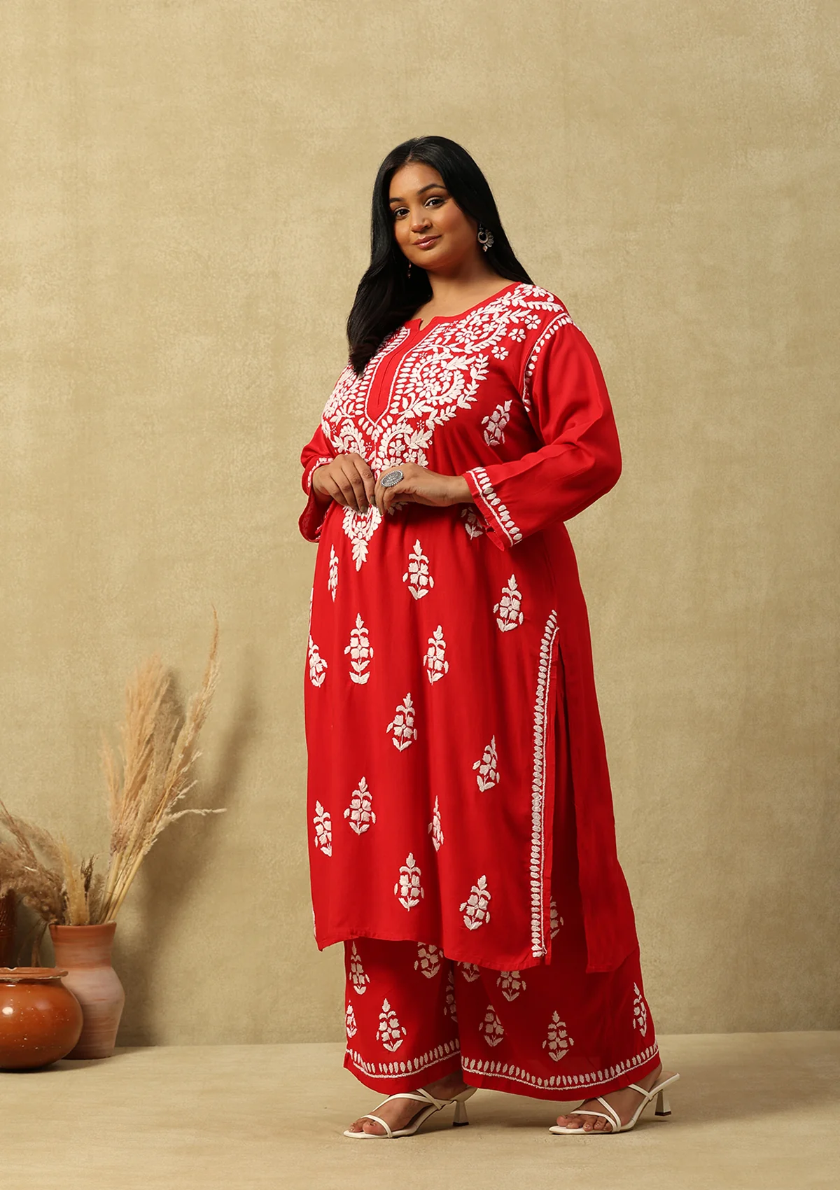 HOC Rayon Chikankari Solid Women's 2 PC Long Kurta Set-Red - Healthber
