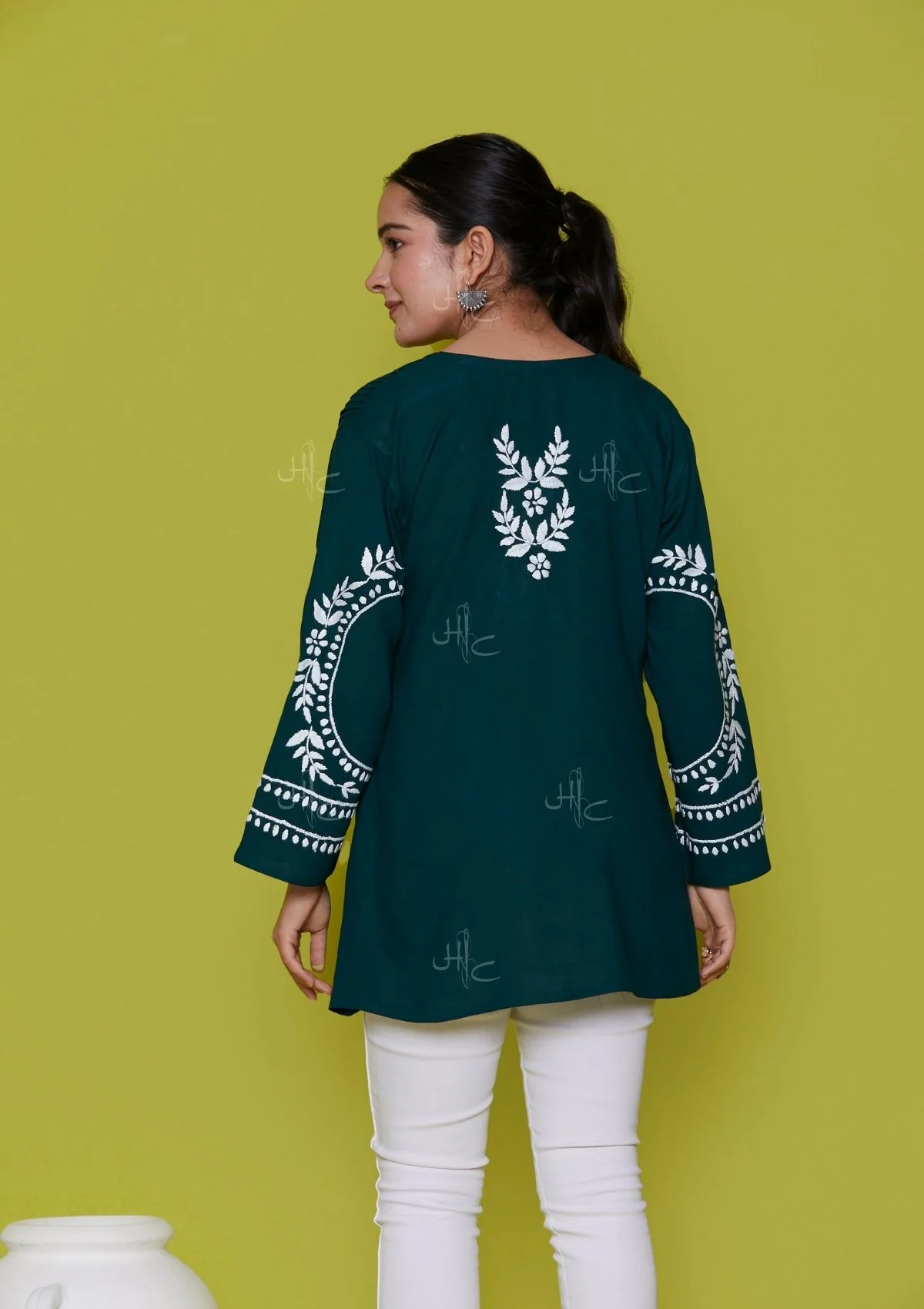 Rayon Chikankari Solid Women's Short Kurta - Green - Healthber