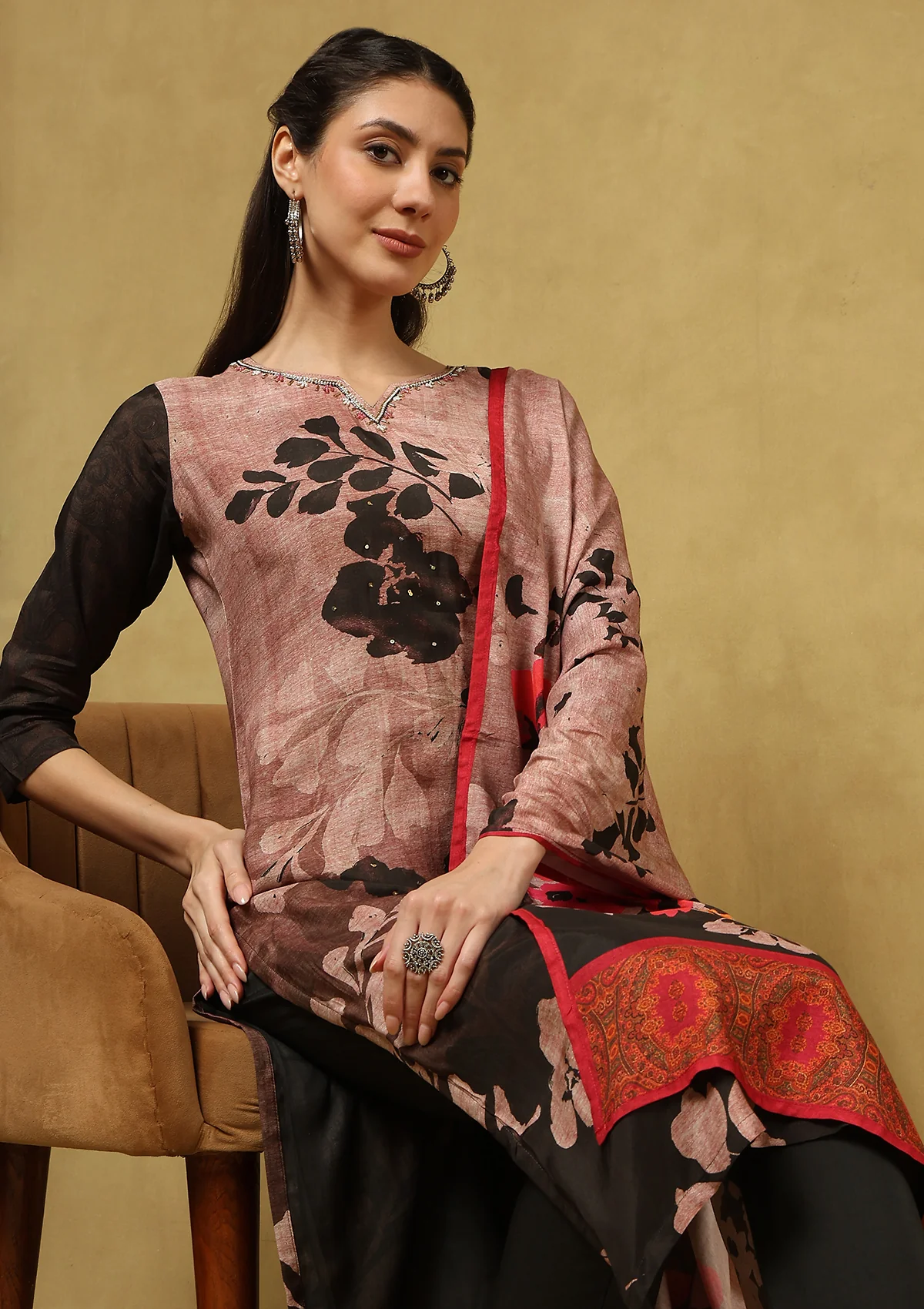 HOC Hand Embellished Muslin Printed Women's 3 PC Long Kurta Set with Dupatta - Black - Healthber