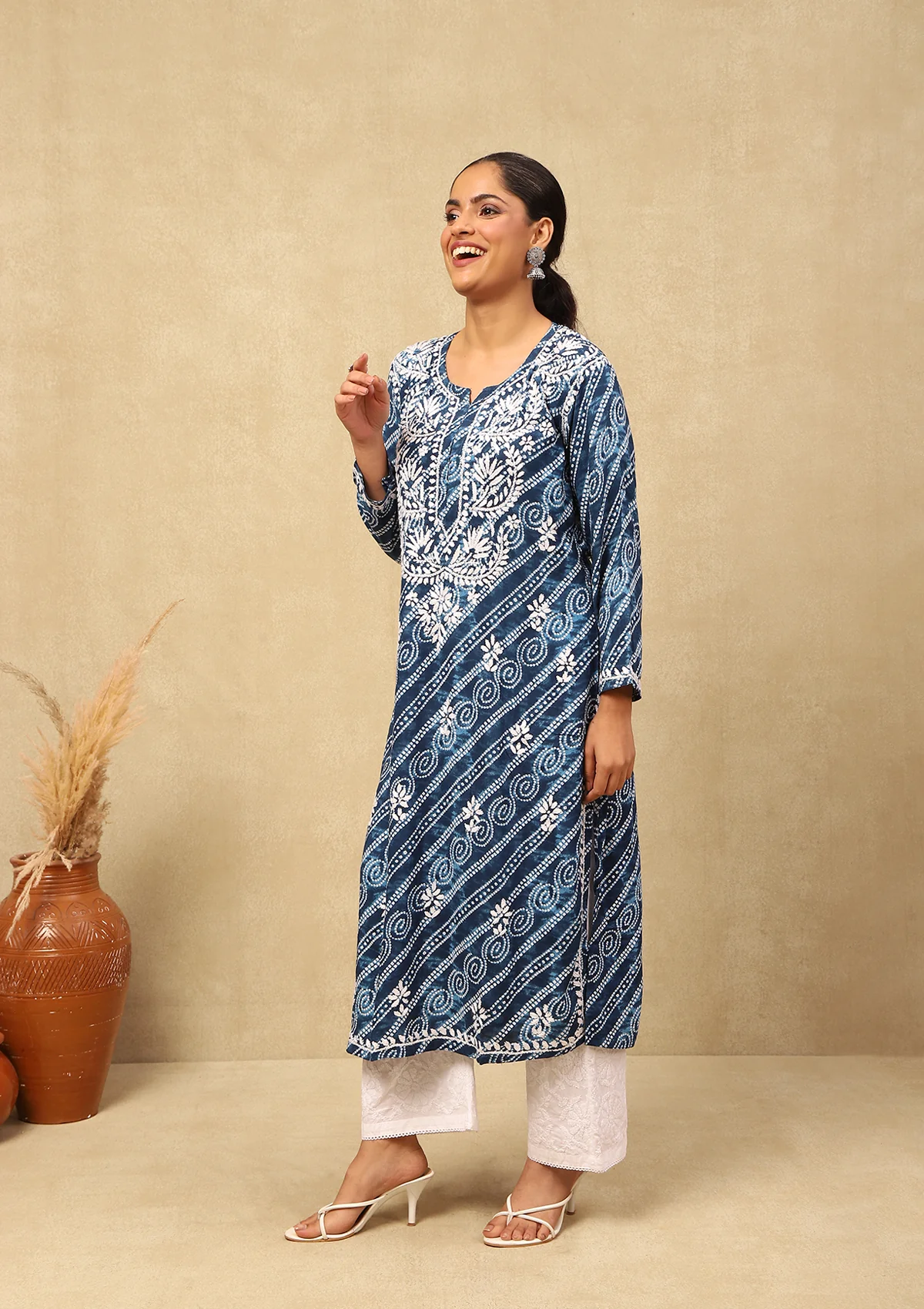 HOC Rayon Chikankari Bandhani Printed Women's Long Kurta-Blue - Healthber