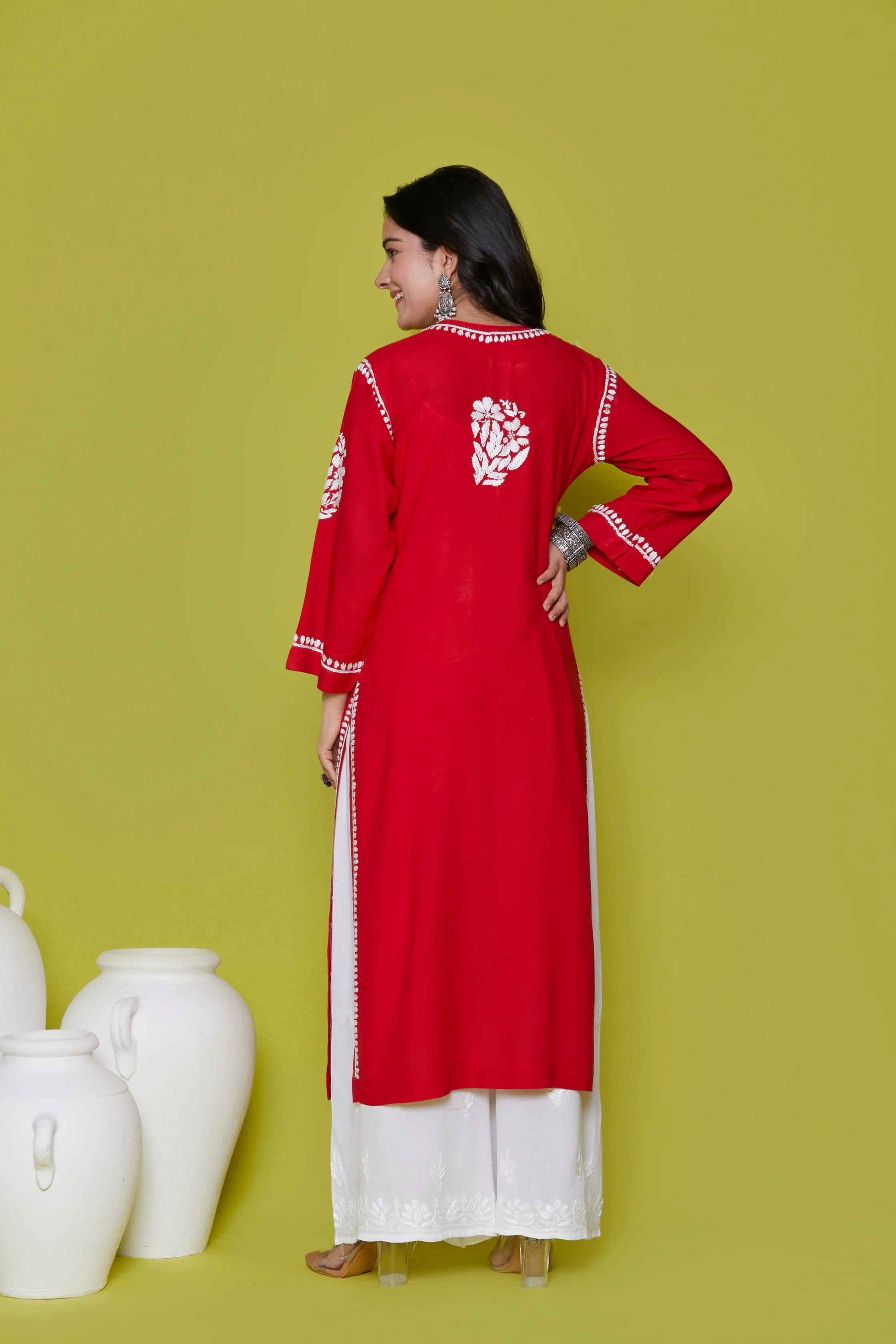 Rayon Chikankari Solid Women's Long Kurta - Red - Healthber