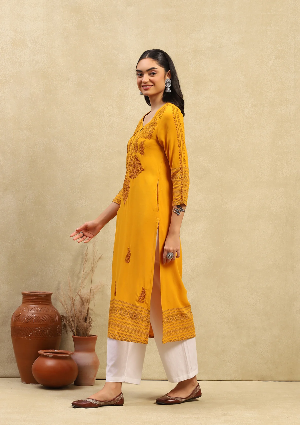 HOC Rayon Chikankari Printed Women's Long Kurta - Mustard Yellow - Healthber