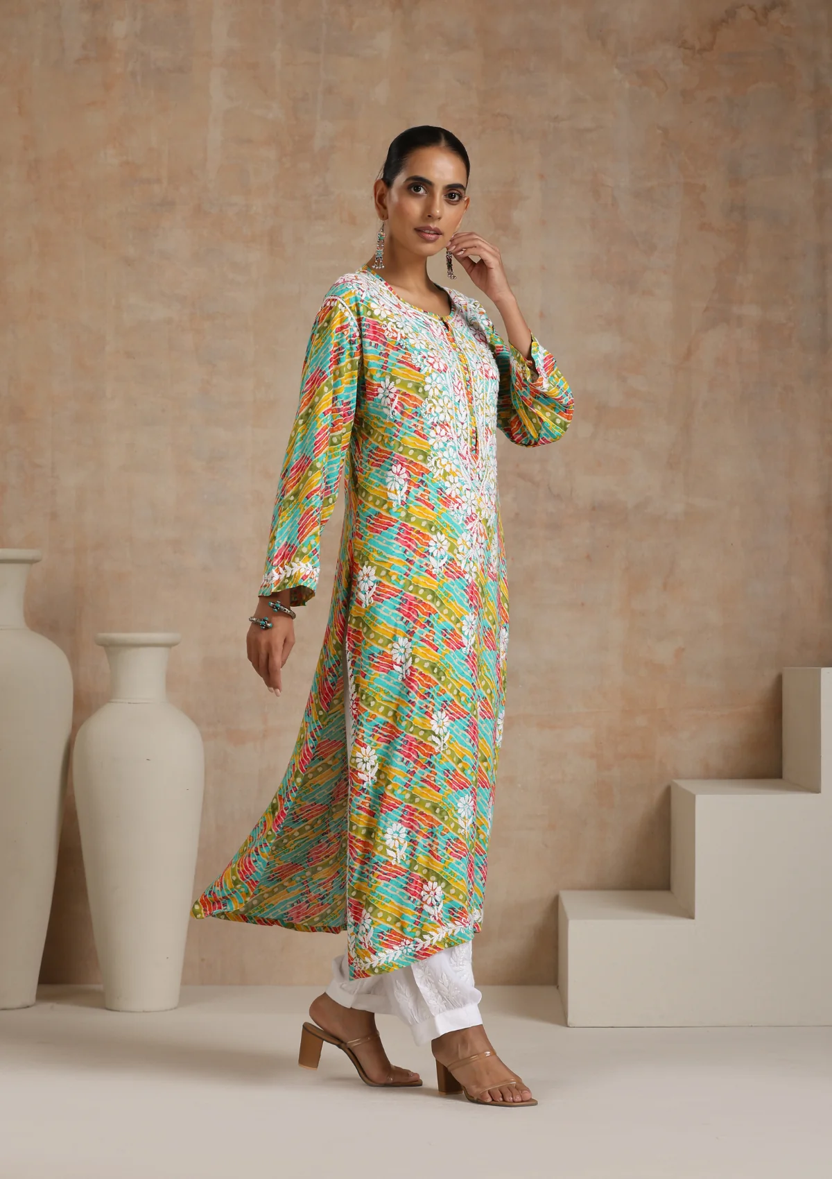 HOC Rayon Chikankari Printed Women's Long Kurta - Dark Green - Healthber