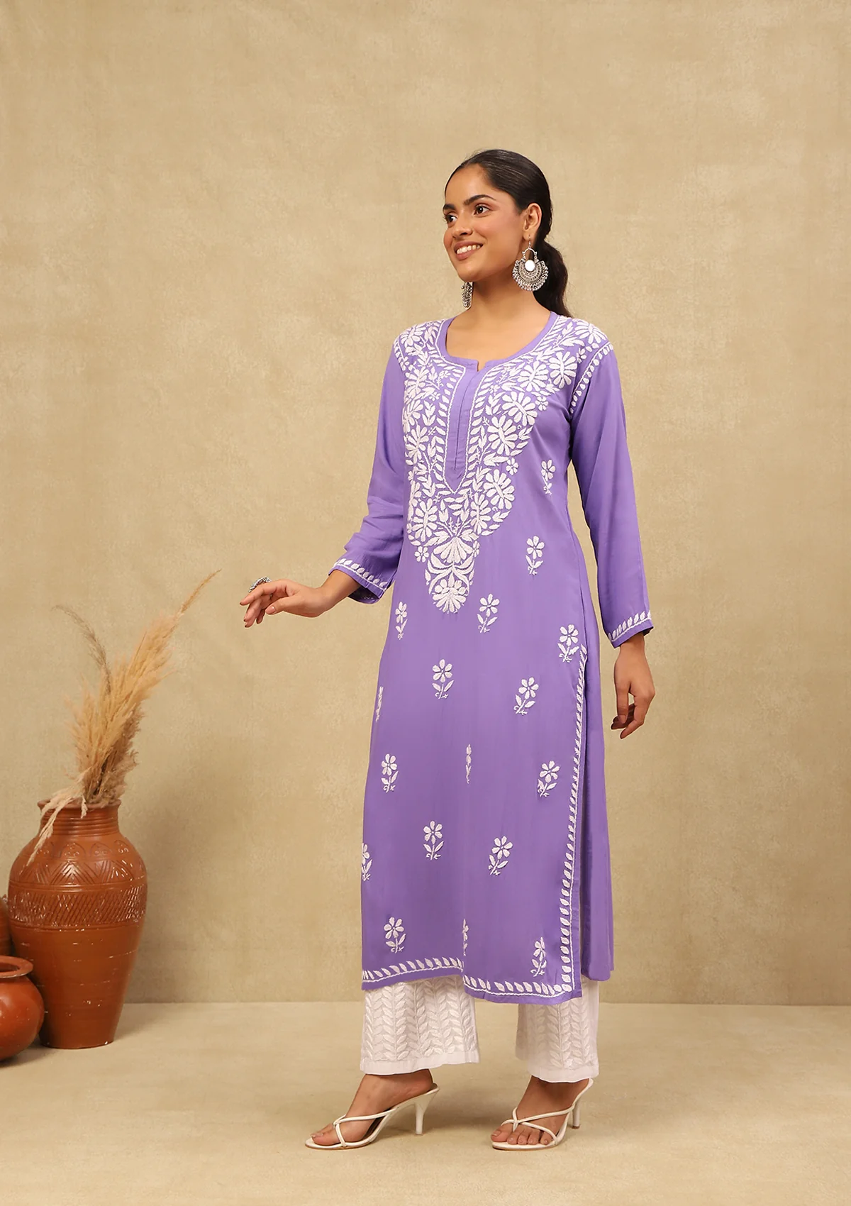 HOC Rayon Chikankari Solid Women's Long Kurta -Lavender - Healthber