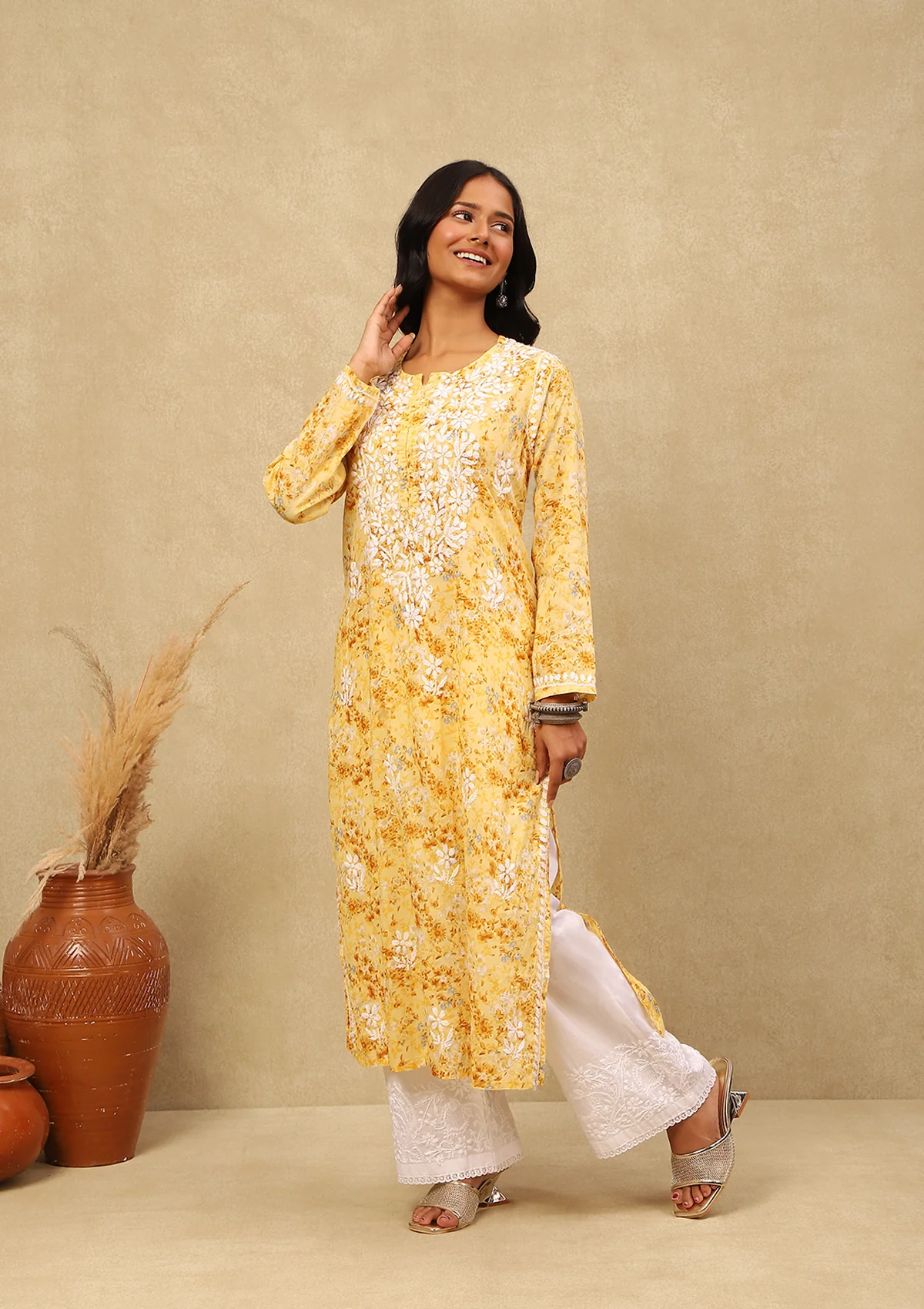 HOC Mulmul Chikankari Printed Women's Long Kurta -Yellow - Healthber